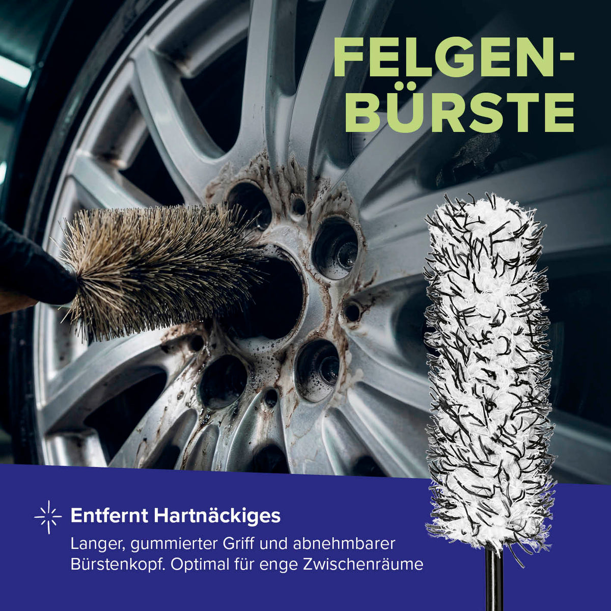 Reinigungsset Felgen – 4-tlg. mit langem Griff und Bürstenkopf zur effektiven Entfernung von hartnäckigem Schmutz an Felgen.