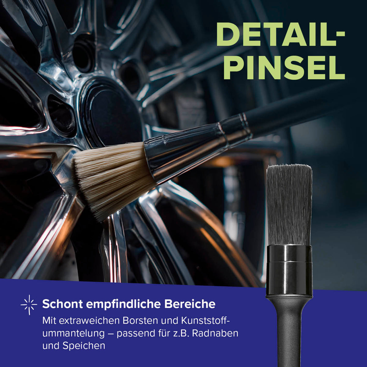 Reinigungsset Felgen – 4-tlg. Detail-Pinsel mit extraweichen Borsten für schonende Reinigung empfindlicher Felgenbereiche.
