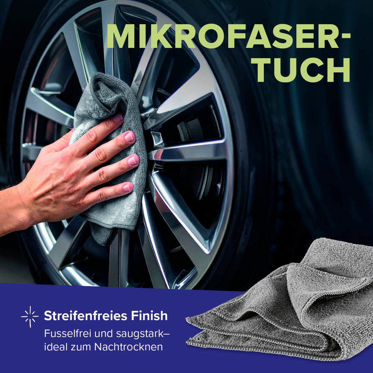 Reinigungsset Felgen – 4-tlg. mit Mikrofaser-Tuch für streifenfreien, fusselfreien Glanz und schonendes Nachtrocken der Felgen.