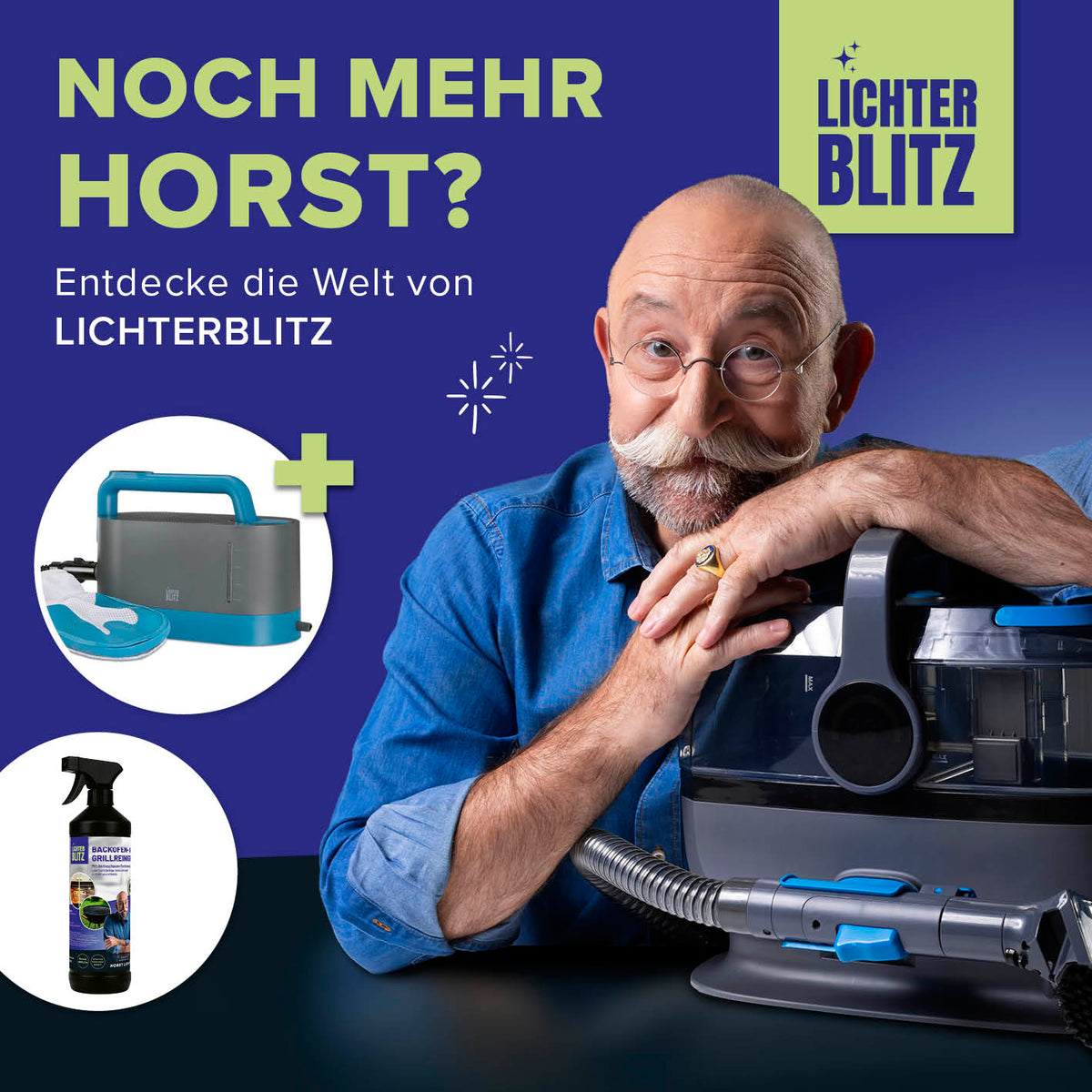 Auto-Innenraumreiniger Galeriebild 7, quadratisch 1417x1417, zeigt Horst Lichter mit Reinigungsausrüstung und Produktwerbung