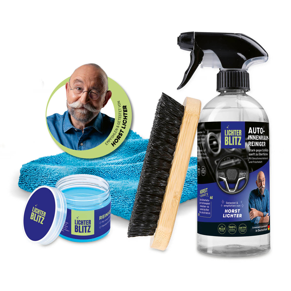 Reinigungsset Autoinnenräume – 4-teilig mit Bürste, Spray, Tuch und Pflegecreme für gründliche, schonende Autopflege innen.