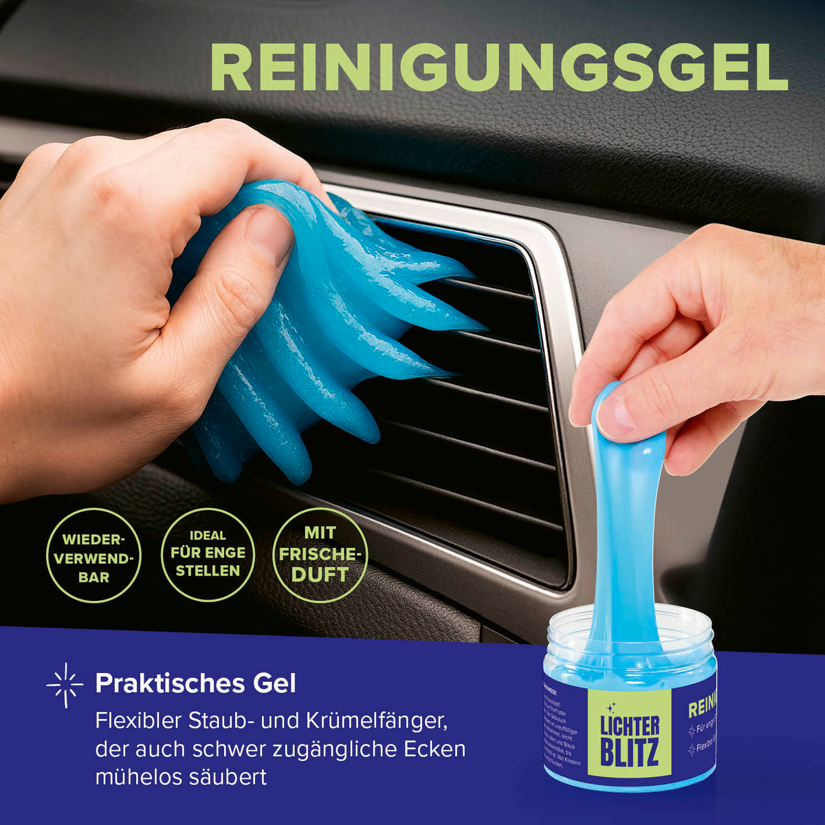 Reinigungsset Autoinnenräume – 4-teilig mit praktischem Gel zur gründlichen Reinigung schwer zugänglicher Autoinnenräume.