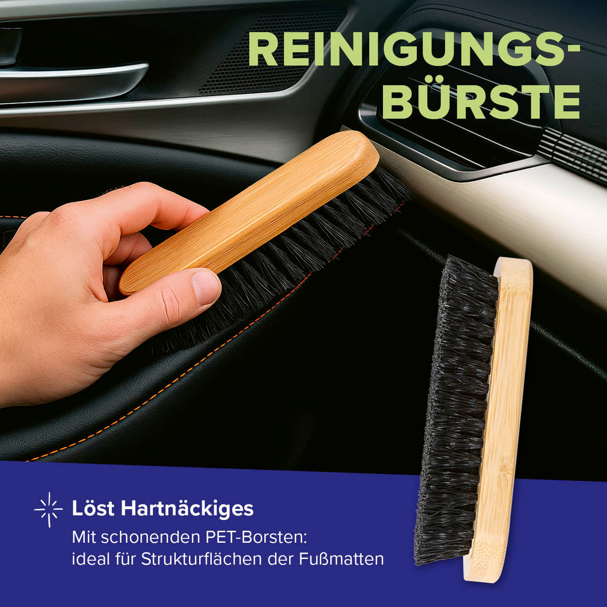 Reinigungsset Autoinnenräume – 4-teilig mit Reinigungsbürste für schonende Reinigung von Strukturflächen im Auto-Innenraum.