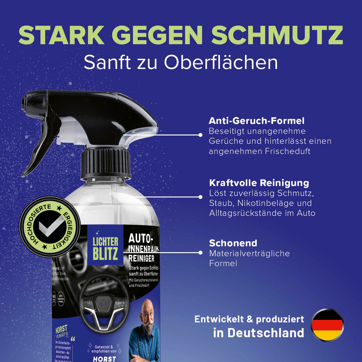 Reinigungsset Autoinnenräume – 4-teilig für schonende und kraftvolle Reinigung, beseitigt Gerüche, getestet von Horst Lichter, hergestellt in Deutschland.