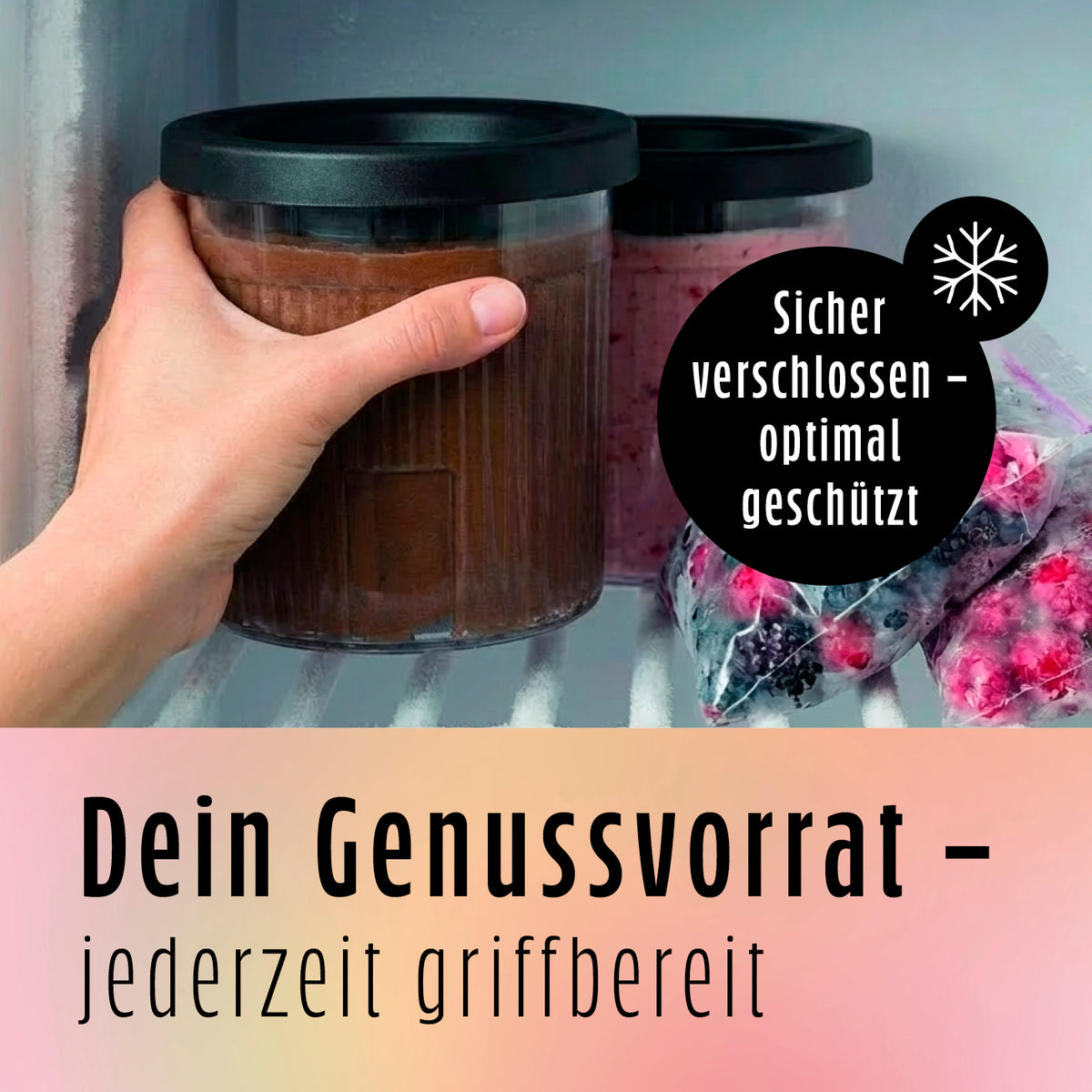 Becher-Set - 2 x 500 ml mit luftdichten schwarzen Deckeln, ideal zum sicheren Aufbewahren und Einfrieren von Lebensmitteln.