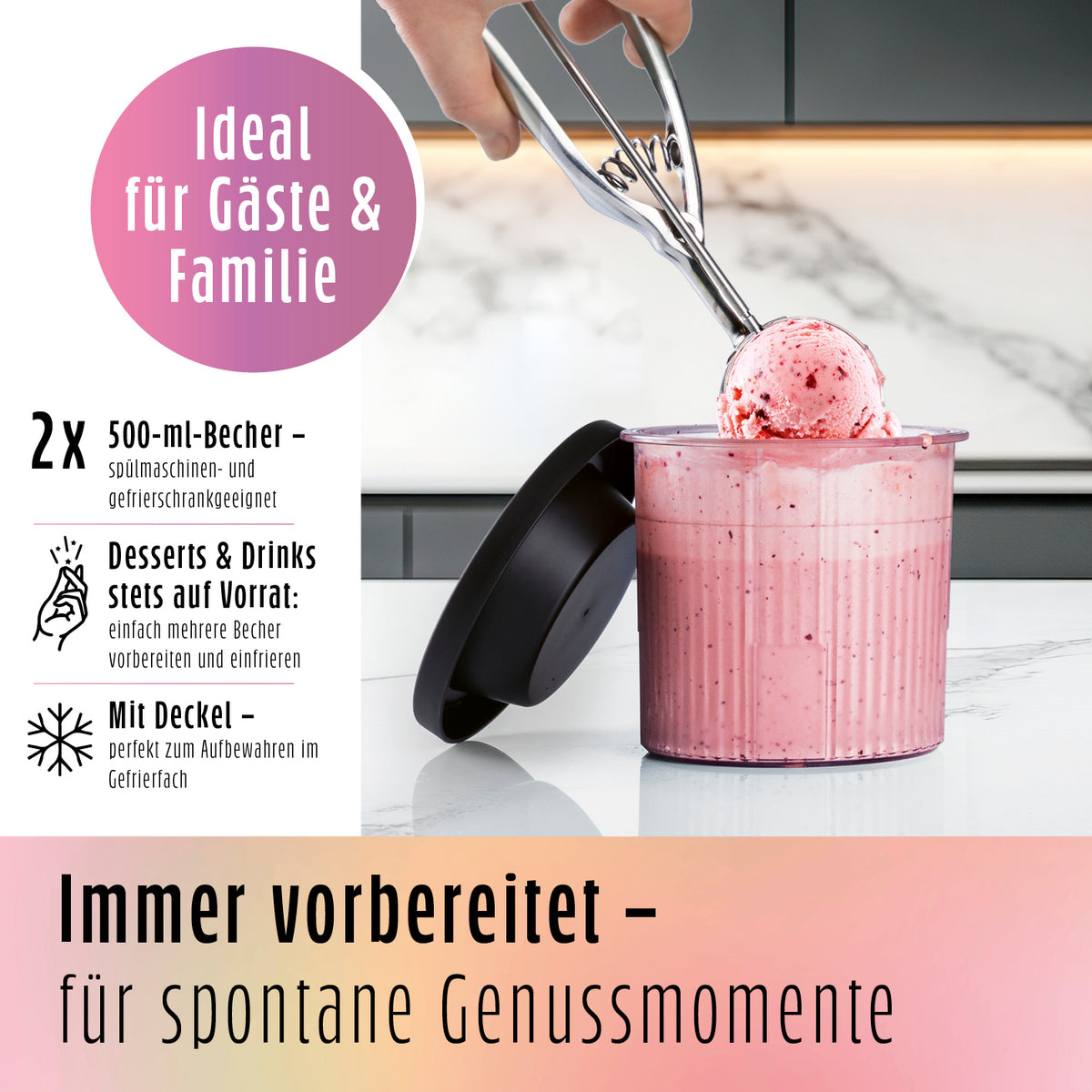 Becher-Set - 2 x 500 ml mit Deckeln, spülmaschinenfest und gefrierschrankgeeignet für vielseitige Dessert- und Getränkezubereitung.