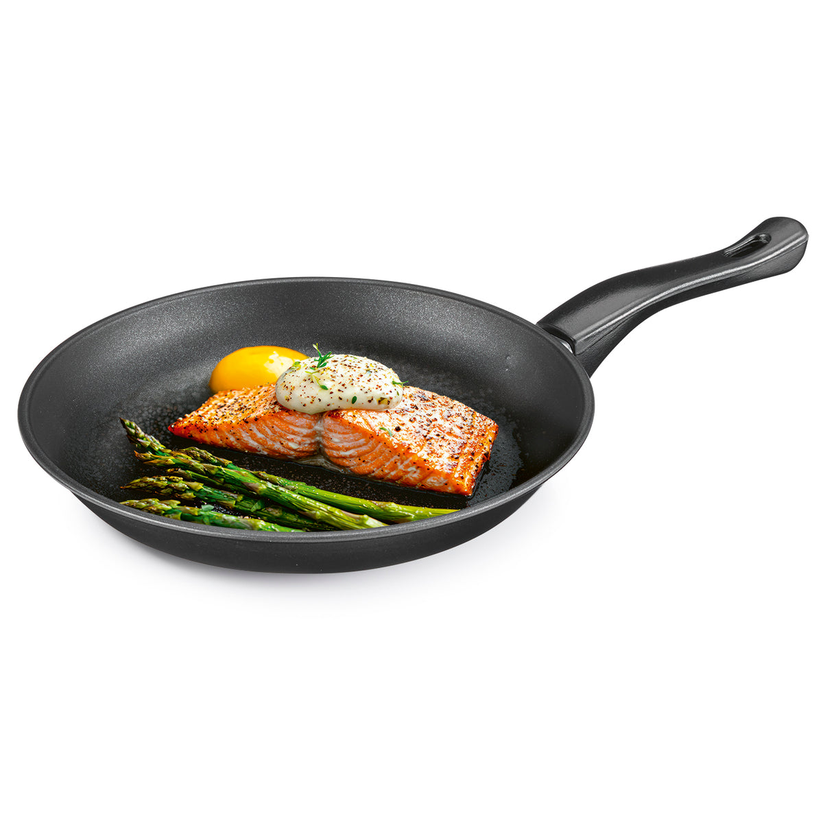 Carbonstahl-Pfanne ⌀ 24 mit Antihaftbeschichtung mit gebratenem Lachs und grünem Spargel