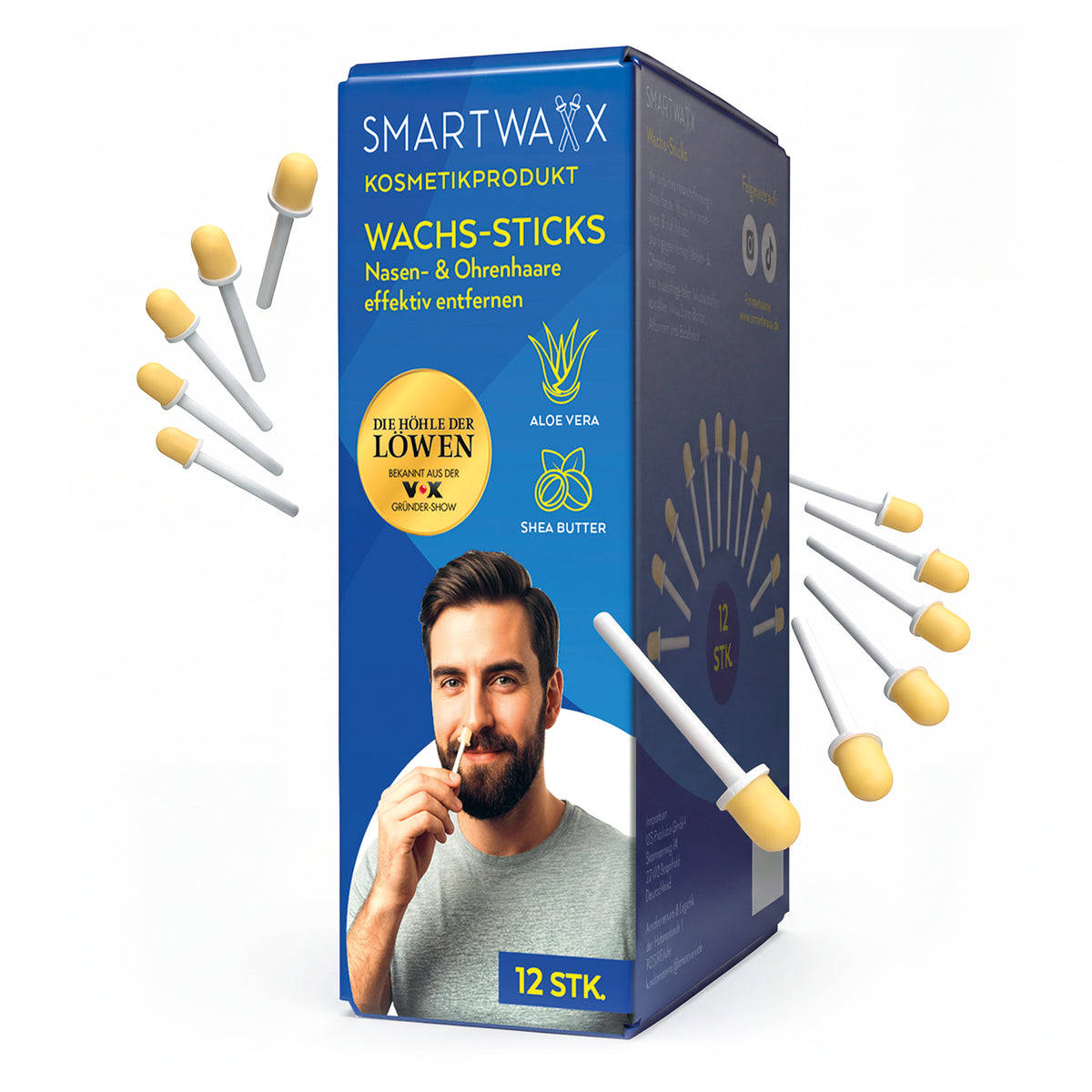 Wachs-Sticks zur Entfernung von Nasen- & Ohrenhaaren - 12er-Set in Verpackung mit herausstehenden Wachssticks