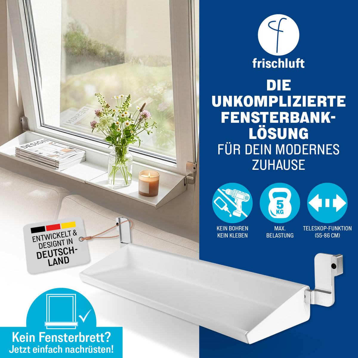 Flexible Fensterbank zum Lüften ohne Abräumen mit teleskopierbarer Halterung bis 86 cm, einfache Montage ohne Bohren oder Kleben, max. 5 kg Belastung.