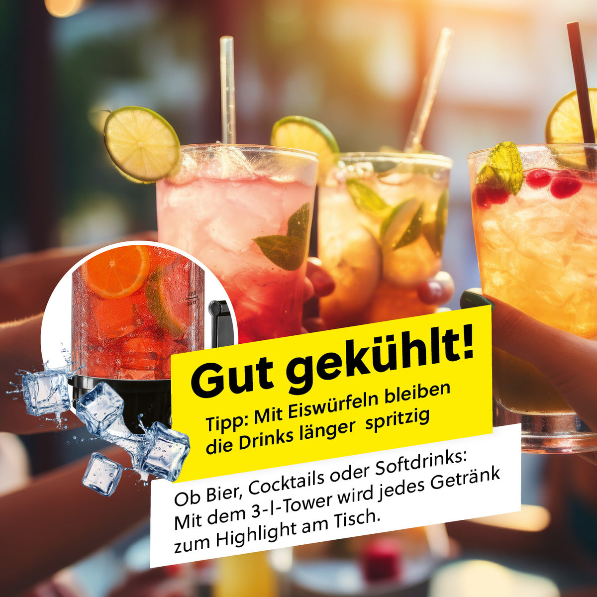 Trinksäule - 3 Liter als 7. Bild der Galerie mit kühlem Drink und Eiswürfeln, quadratisch 1417x1417 px