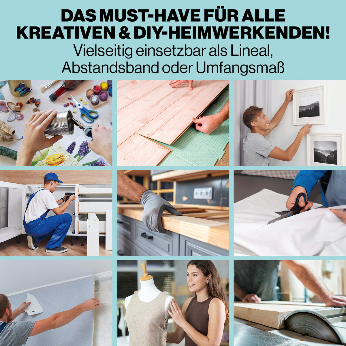 Klebemaßband 50 m selbstklebend, 10-cm-Skala, Abroller in verschiedenen DIY- und Handwerksanwendungen vielseitig verwendet.