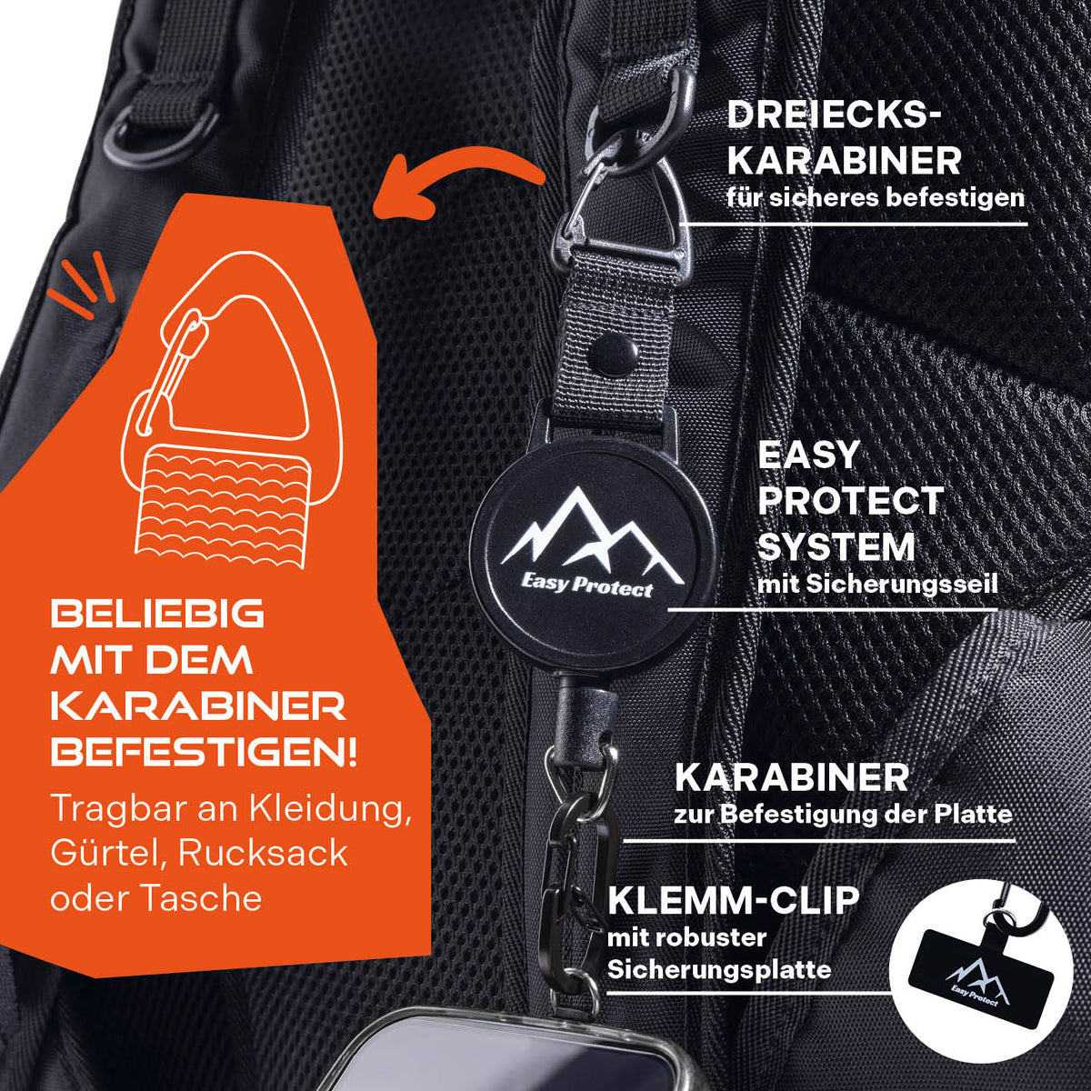 Handy Sicherung mit Stahlseil & Karabiner, 80 cm Anti-Drop Kabel zur sicheren Befestigung an Kleidung oder Rucksack.