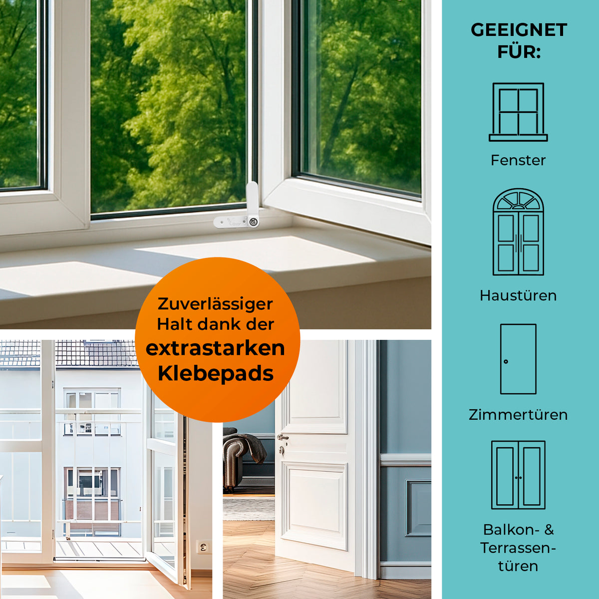 Tür- & Fensterstopper - 4er-Set mit extrastarken Klebepads für zuverlässigen Halt an Fenstern und Türen, flexibel einstellbar.