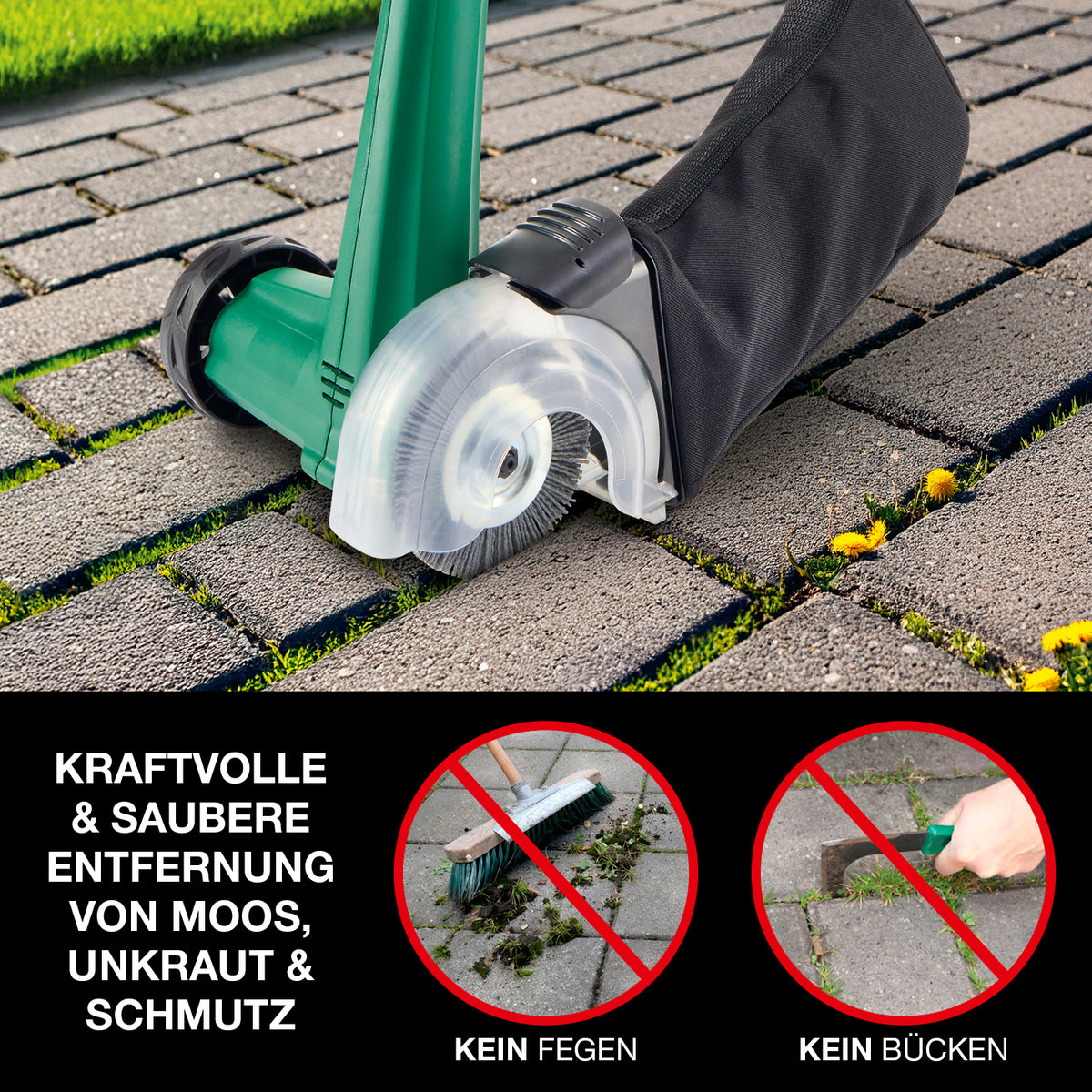 Elektrischer Fugenreiniger mit Auffangnetz entfernt kraftvoll Moos, Unkraut und Schmutz aus Gehwegfugen ohne Bücken oder Kehren.