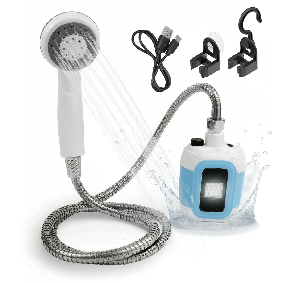 2in1-Gartendusche mit flexibler Pumpe, Duschkopf und Zubehör für mobiles Duschen und Pflanzenbewässerung im Außenbereich.