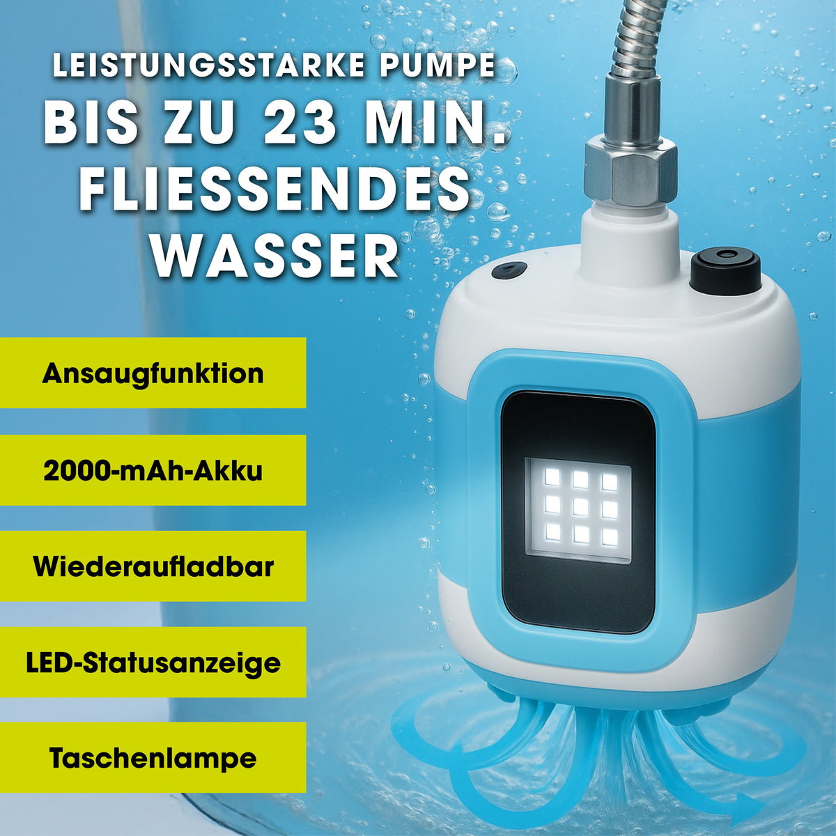 2in1-Gartendusche mit leistungsstarker Pumpe, 23 Minuten Wasserfluss, Ansaugfunktion und LED-Statusanzeige.