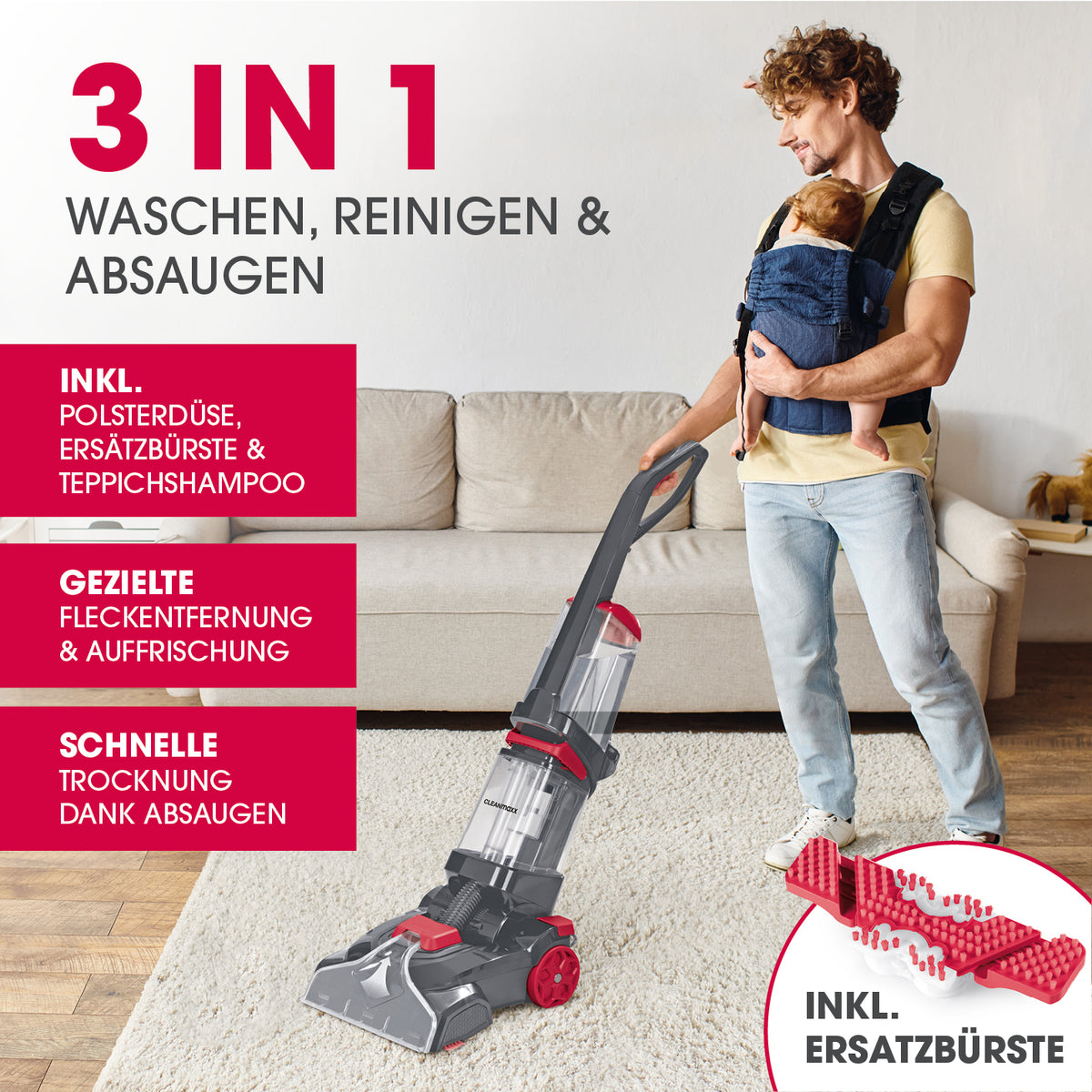 Mann reinigt Teppich mit Teppichreiniger AquaStream Plus, hält Baby in Trage, 3-in-1 Funktion Waschen, Reinigen und Absaugen