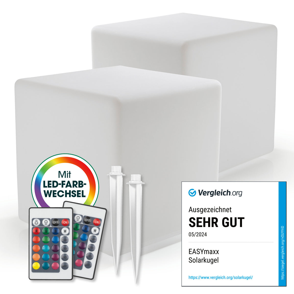 Solar-Dekowürfel mit Fernbedienung & Farbwechsel - 2er-Set, leuchtstarke Würfel mit einstellbaren LED-Farben und Erdspießen für Außenbereich.