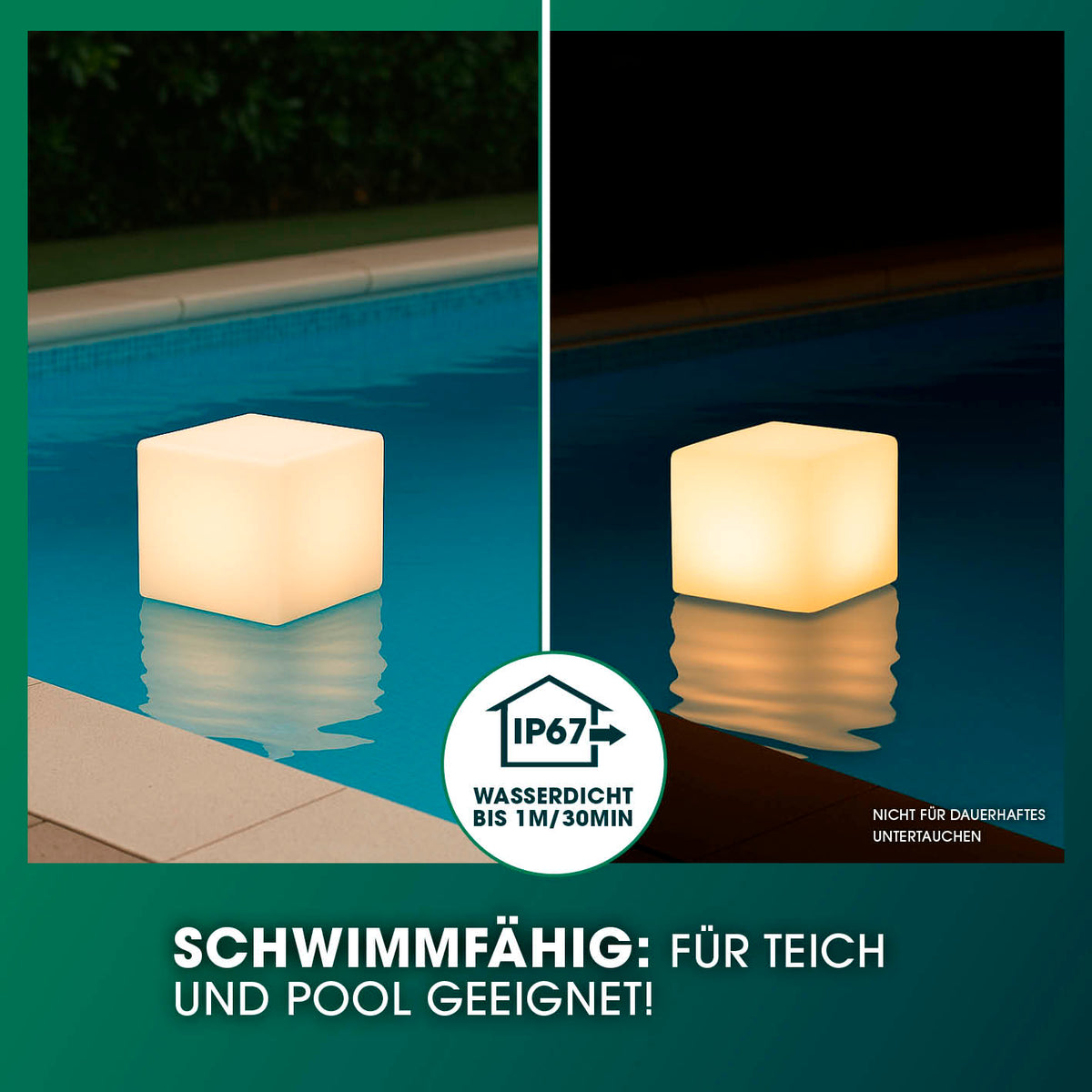Solar-Dekowürfel mit Fernbedienung & Farbwechsel - 2er-Set, schwimmfähig und wasserfest bis 1 Meter, ideal für Teich und Poolbeleuchtung.