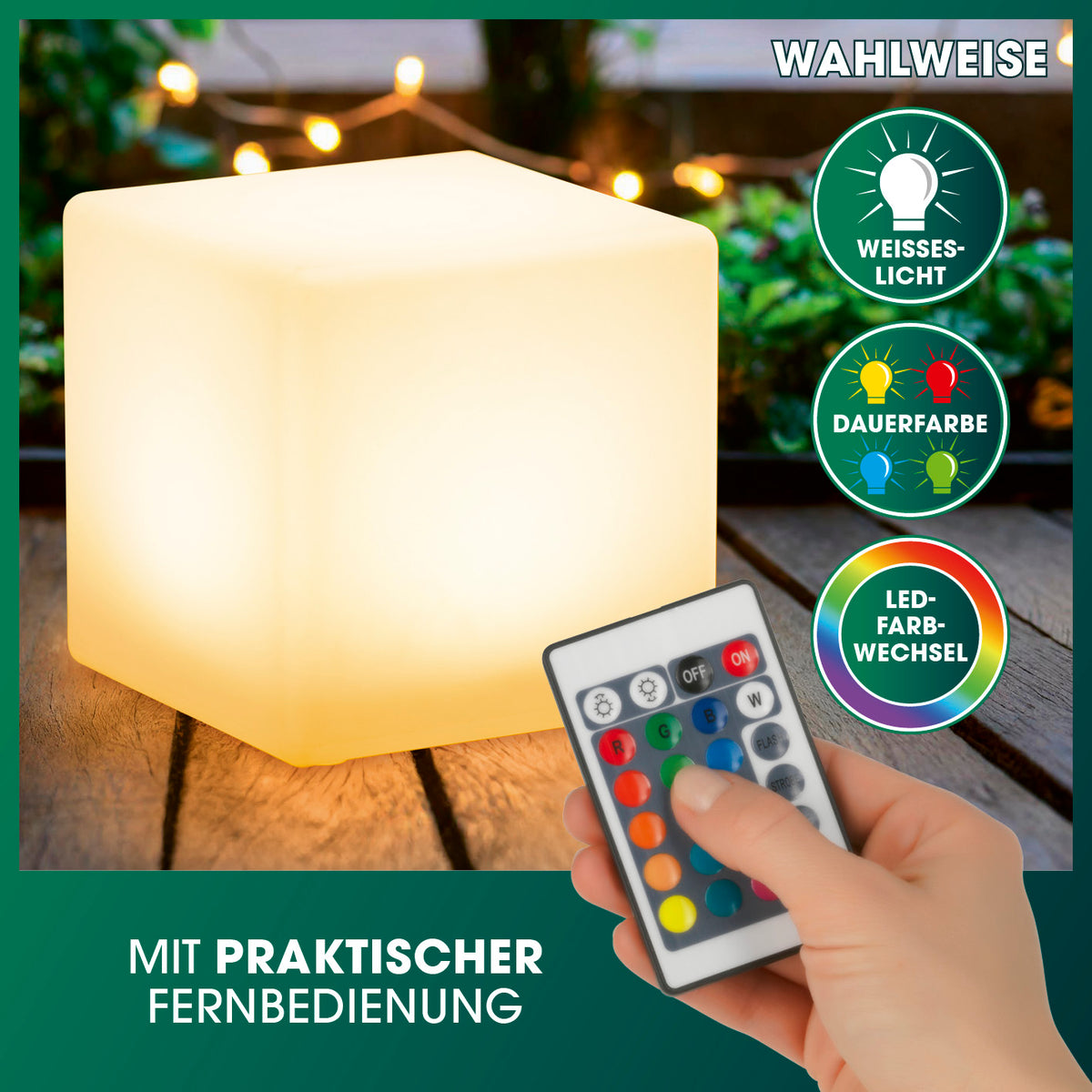 Solar-Dekowürfel mit Fernbedienung & Farbwechsel - 2er-Set, dimmbares LED-Licht mit weißem Licht und Farbwechseloption für stimmungsvolle Beleuchtung.