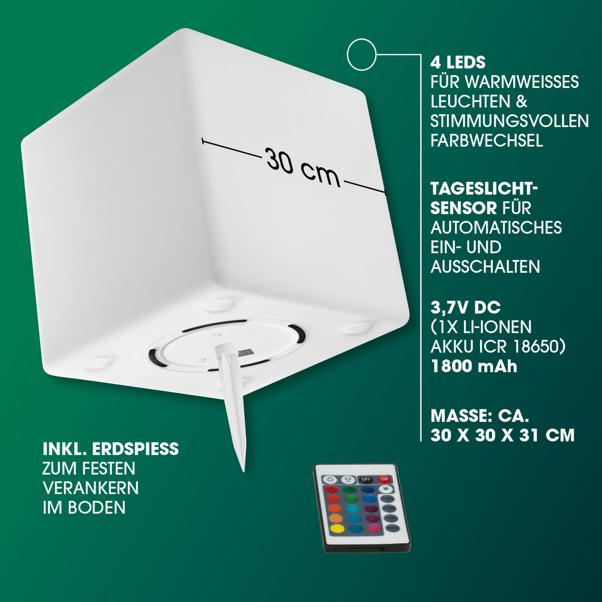 Solar-Dekowürfel mit Fernbedienung & Farbwechsel - 2er-Set mit 4 LEDs, Tageslichtsensor, Erdspieß und 30 cm Kantenlänge für stimmungsvolle Beleuchtung