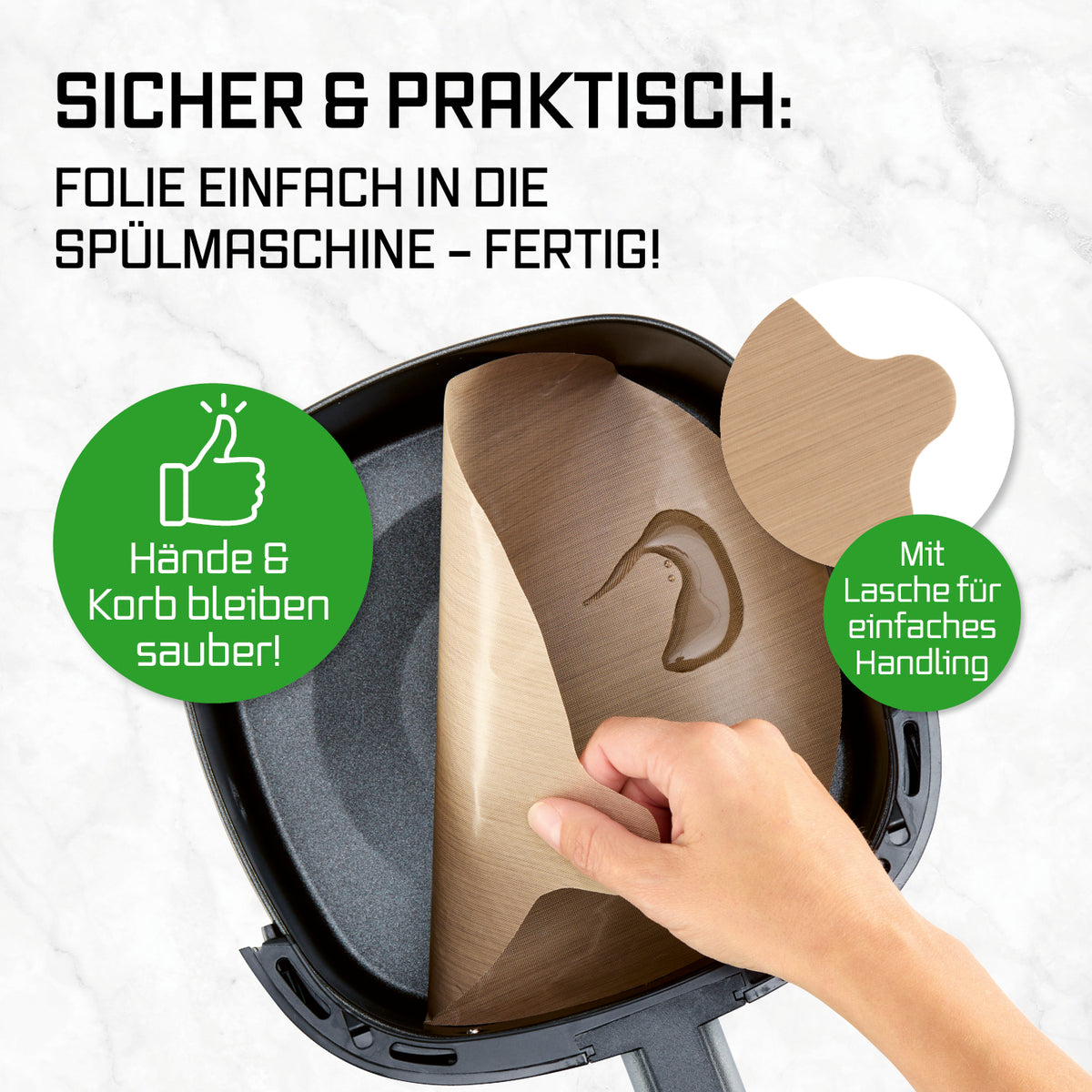 Dauerbackfolien-Set für Heißluftfritteusen – rund (25,5 cm) mit praktischem Laschen-Design für einfaches Handling und Reinigung.