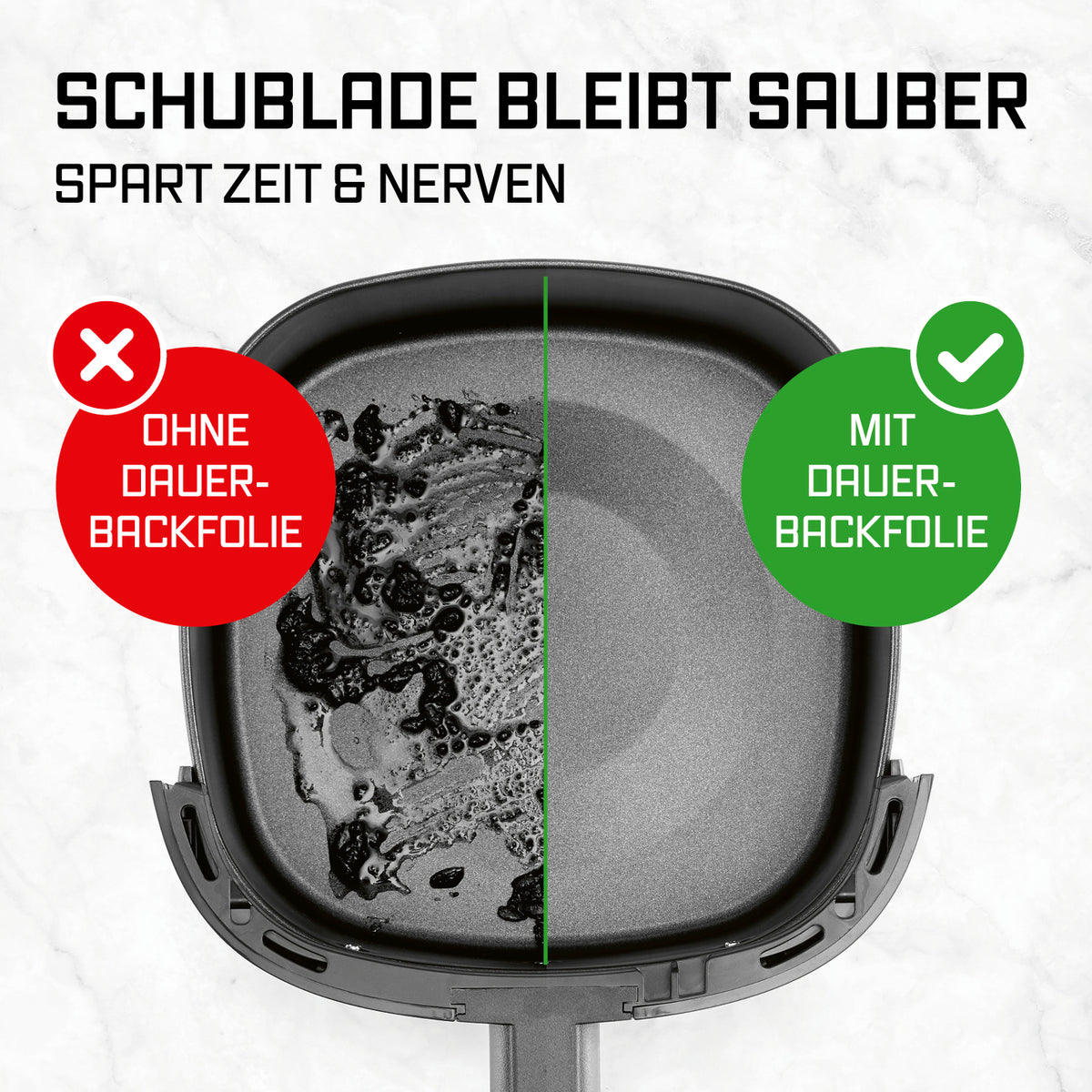 Dauerbackfolien-Set für Heißluftfritteusen – rund (25,5 cm) zeigt saubere Schublade mit und ohne Backfolie im Vergleich.