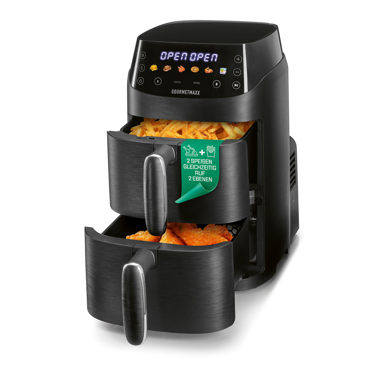 FryUp XS Vertikale Doppelkammer-Heißluftfritteuse - 5 Liter (2 x 2,5 l) mit zwei herausziehbaren Kammern zum gleichzeitigen Garen unterschiedlicher Speisen.