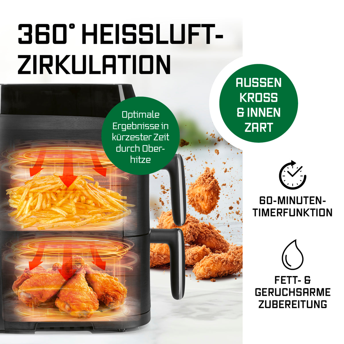 FryUp XS Vertikale Doppelkammer-Heißluftfritteuse - 5 Liter (2 x 2,5 l) mit 360° Heißluftzirkulation für knackige Speisen außen und zarte innen.