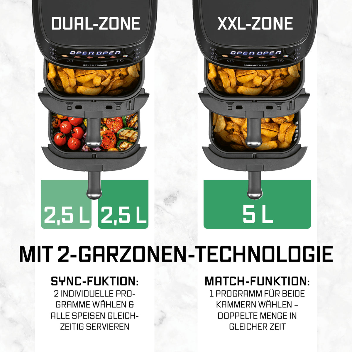 FryUp XS Vertikale Doppelkammer-Heißluftfritteuse - 5 Liter (2 x 2,5 l) mit Dual-Zonen-Technologie für unabhängiges Garen in zwei Kammern.