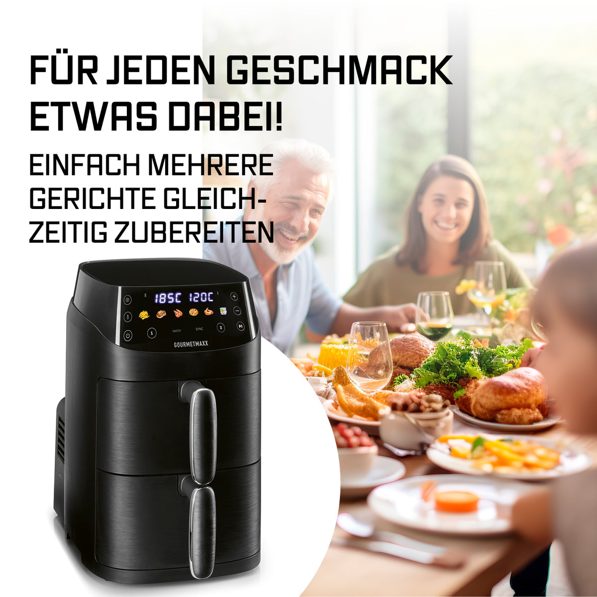 FryUp XS Vertikale Doppelkammer-Heißluftfritteuse - 5 Liter (2 x 2,5 l) mit zwei unabhängigen Kammern für gleichzeitiges Garen verschiedener Speisen.