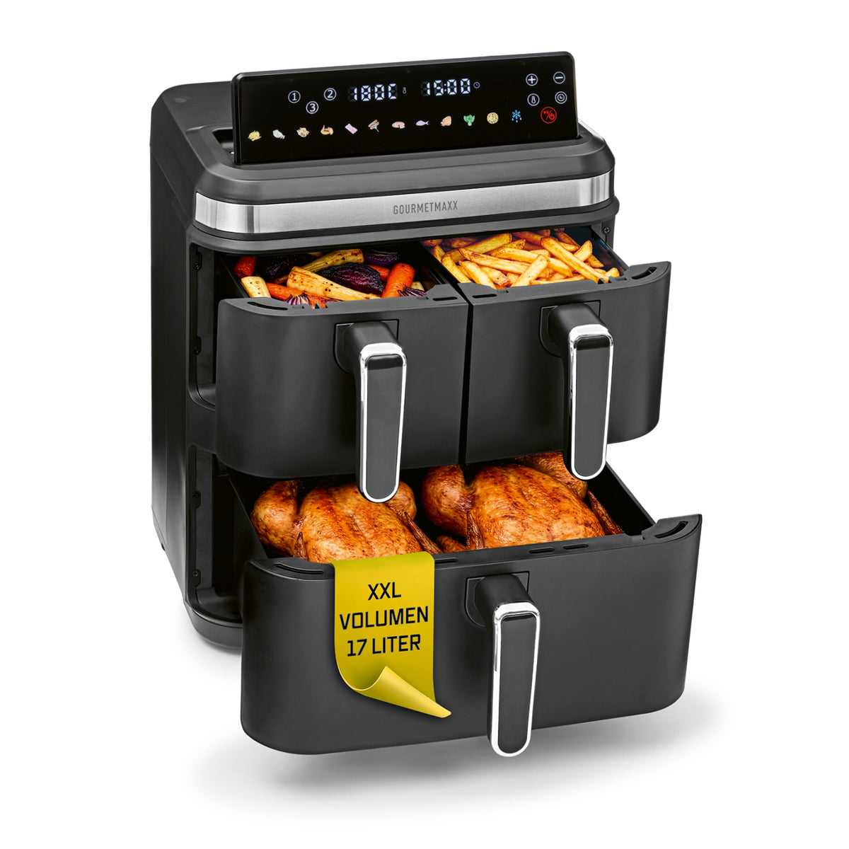 FryUp3 Vertikale 3-Kammer-Heißluftfritteuse - 17 Liter (2 x 4 + 1 x 9 l) mit drei getrennten Kammern für vielseitiges, gesundes Garen.