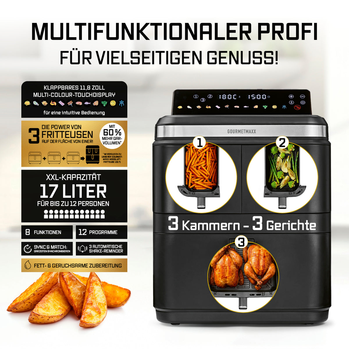 FryUp3 Vertikale 3-Kammer-Heißluftfritteuse - 17 Liter (2 x 4 + 1 x 9 l) mit drei getrennten Kammern für gleichzeitiges Garen unterschiedlicher Speisen.