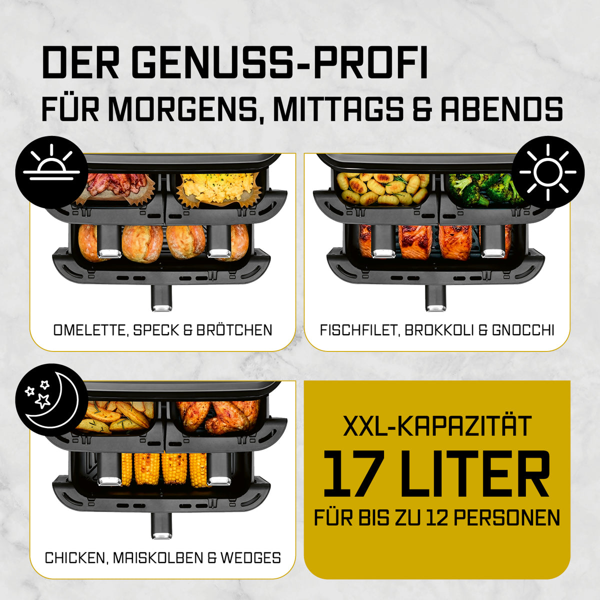 FryUp3 Vertikale 3-Kammer-Heißluftfritteuse - 17 Liter (2 x 4 + 1 x 9 l) mit drei Ebenen für vielseitiges Kochen von Frühstück bis Abendessen.