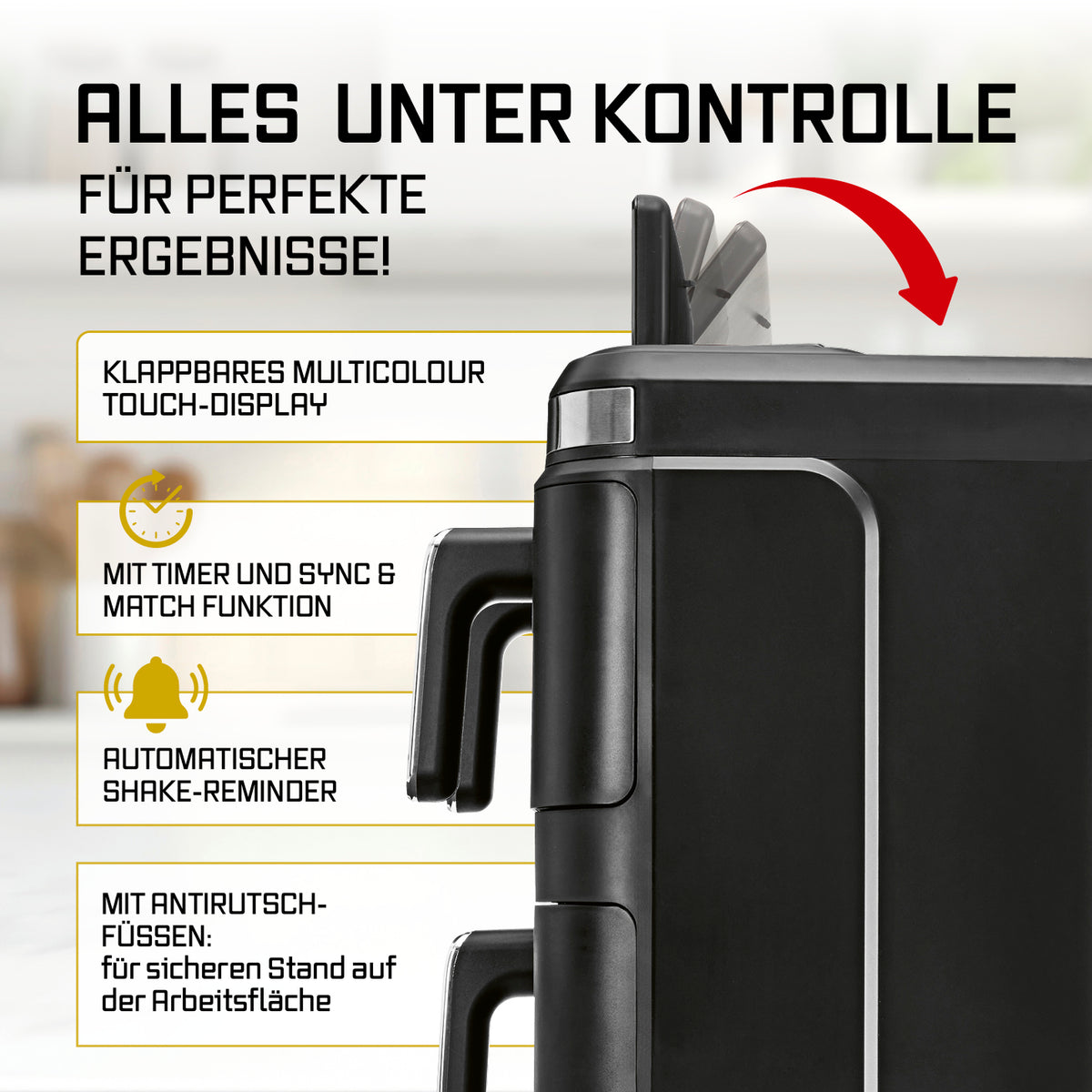 FryUp3 Vertikale 3-Kammer-Heißluftfritteuse - 17 Liter (2 x 4 + 1 x 9 l) mit klappbarem Multicolour-Touch-Display und Antirutschfüßen.