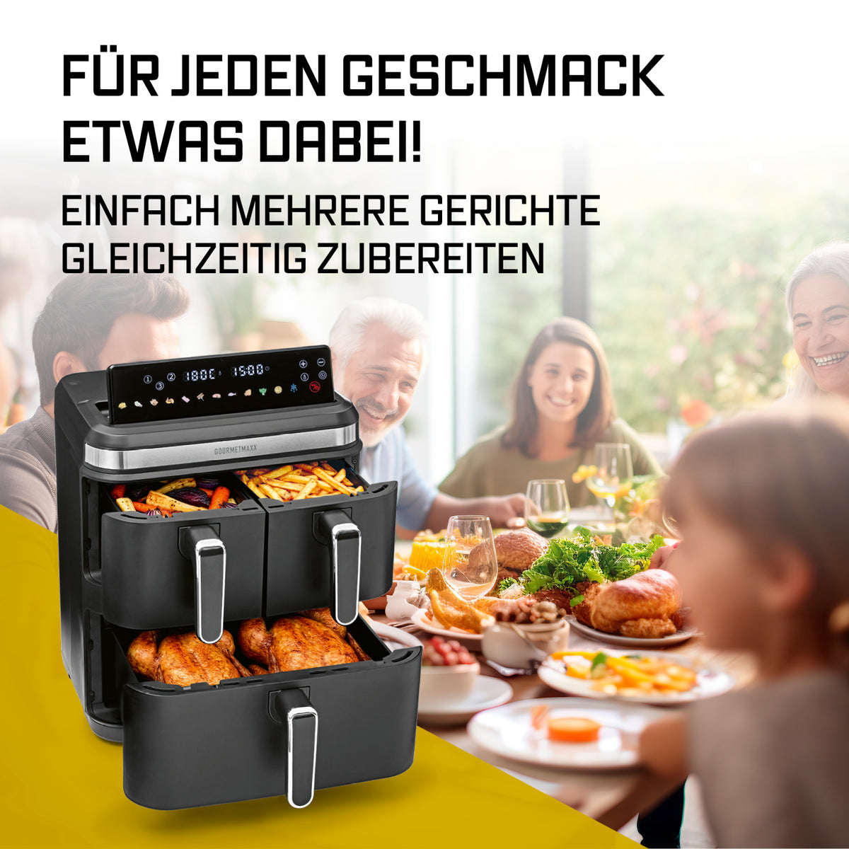 FryUp3 Vertikale 3-Kammer-Heißluftfritteuse - 17 Liter (2 x 4 + 1 x 9 l) mit getrennten Kammern zum gleichzeitigen Zubereiten verschiedener Speisen