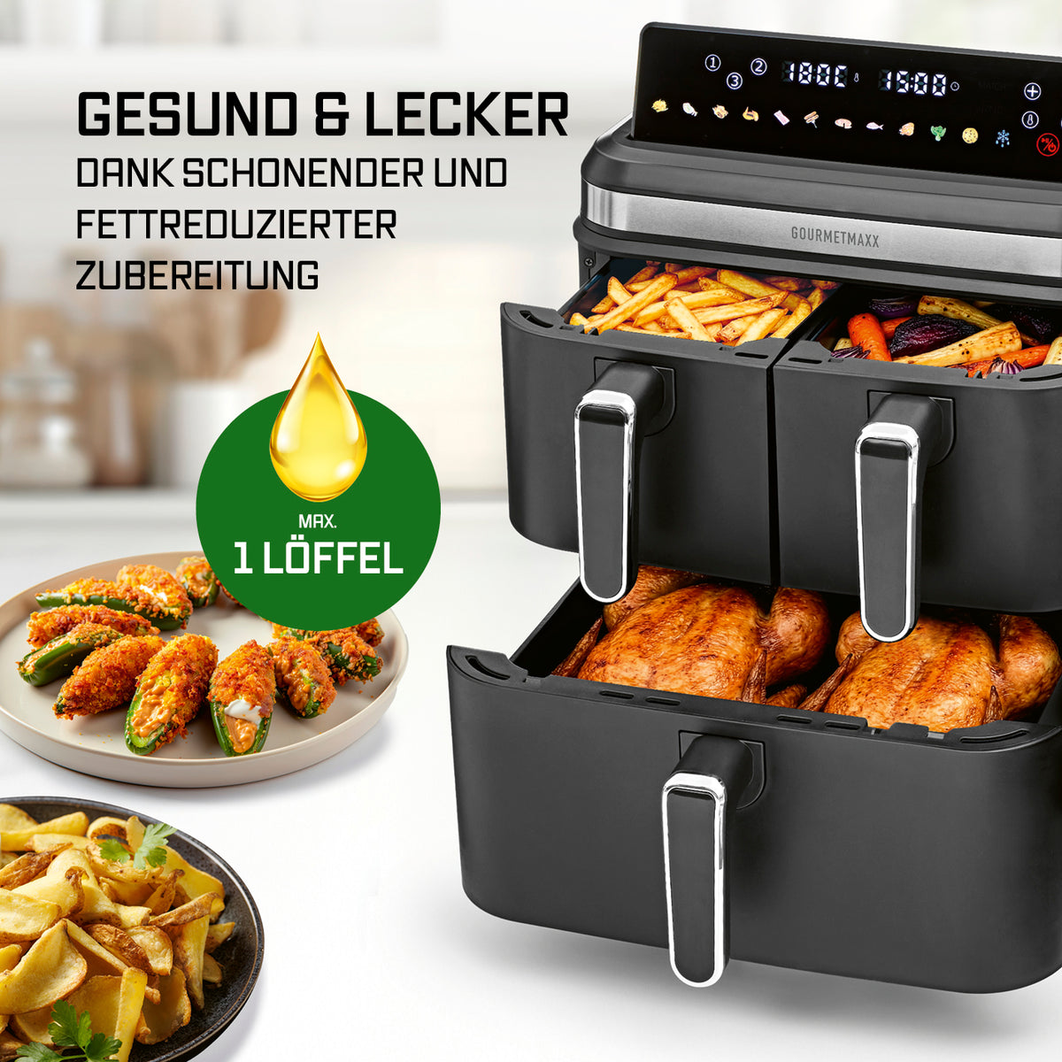 FryUp3 Vertikale 3-Kammer-Heißluftfritteuse - 17 Liter (2 x 4 + 1 x 9 l) mit digitalem Display und drei Frittierfächern für fettarmes Garen.