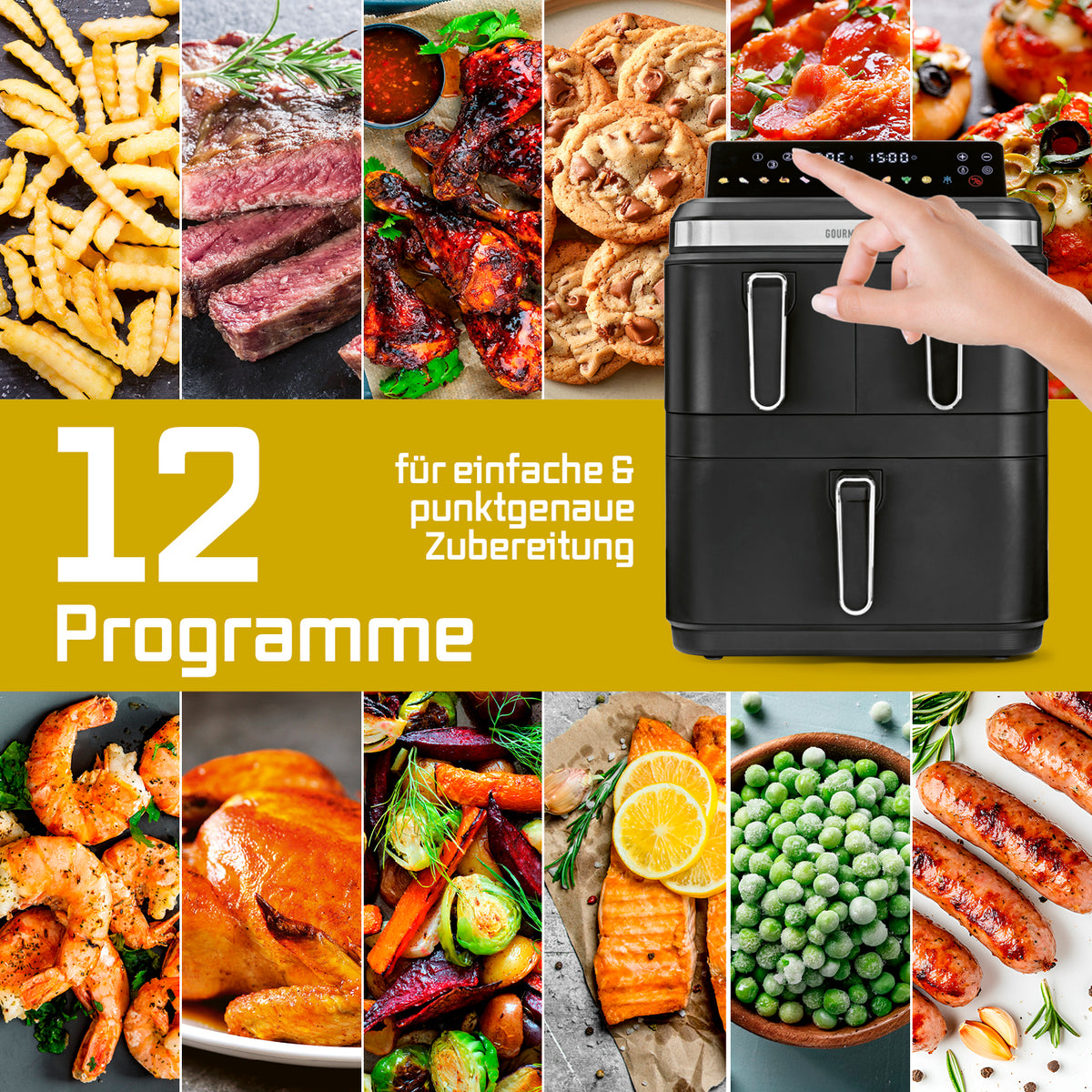 FryUp3 Vertikale 3-Kammer-Heißluftfritteuse - 17 Liter (2 x 4 + 1 x 9 l) mit 12 automatischen Programmen für vielseitiges Kochen verschiedenster Speisen.