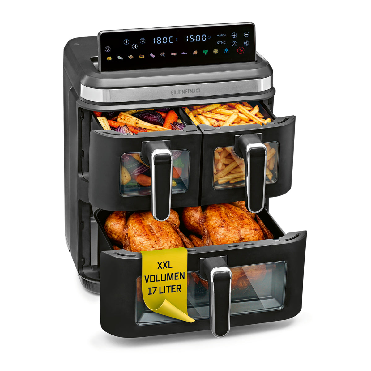 FryUp3 Vertikale 3-Kammer-Heißluftfritteuse mit Sichfenstern - 17 Liter (2 x 4, 1 x 9 l) in Edelstahl mit digitalen Bedienfeld und drei unterschiedlichen Garzonen.