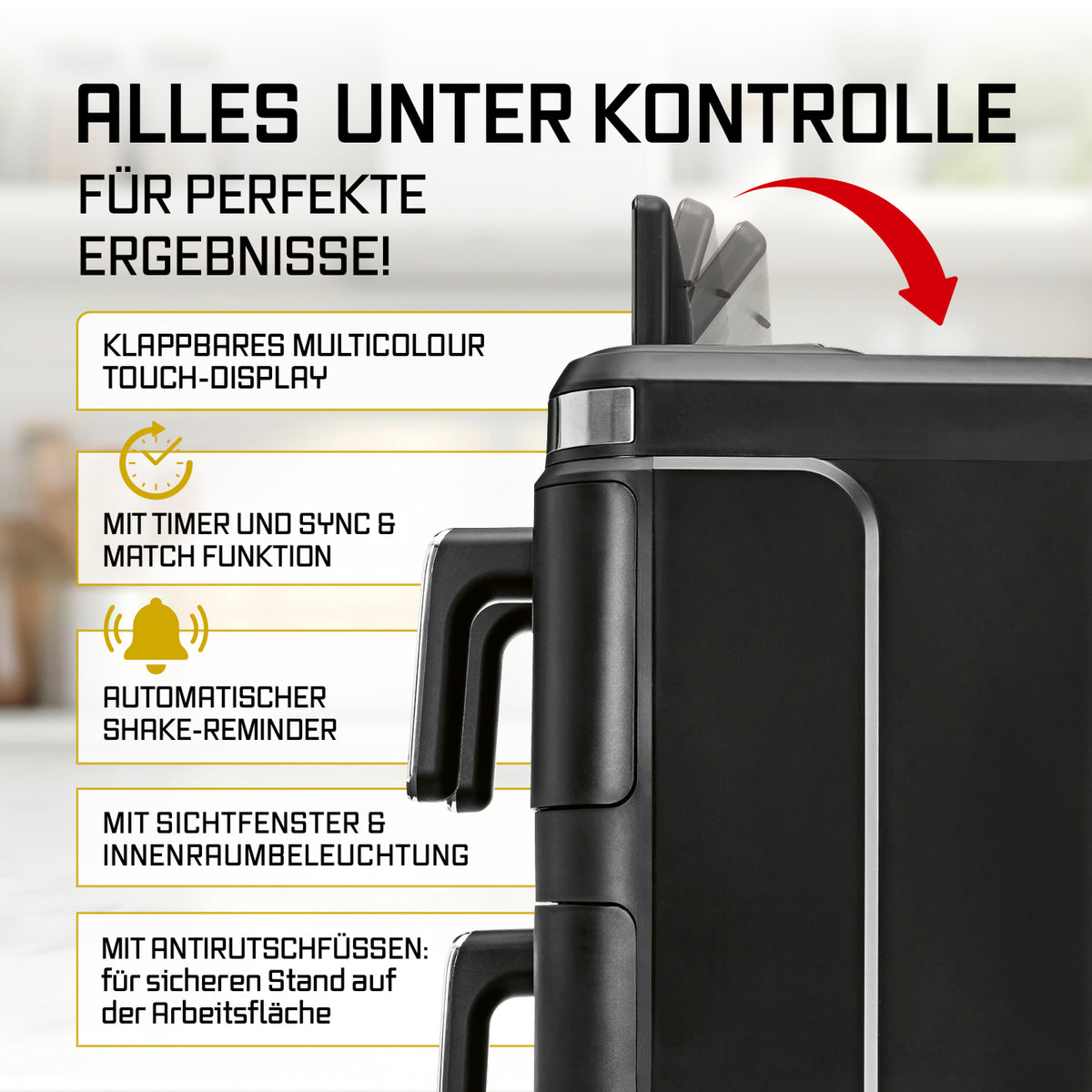 FryUp3 Vertikale 3-Kammer-Heißluftfritteuse mit Sichfenstern - 17 Liter (2 x 4, 1 x 9 l) mit klappbarem Multicolor-Touchdisplay und Sichtfenster
