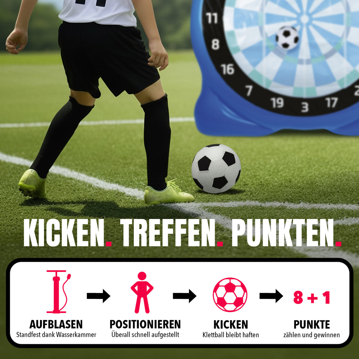 Kind spielt Fußball-Dart Set auf Rasen, zielt mit Fußball auf Dartscheibe mit Klettball für Punktewertung und Spielspaß.
