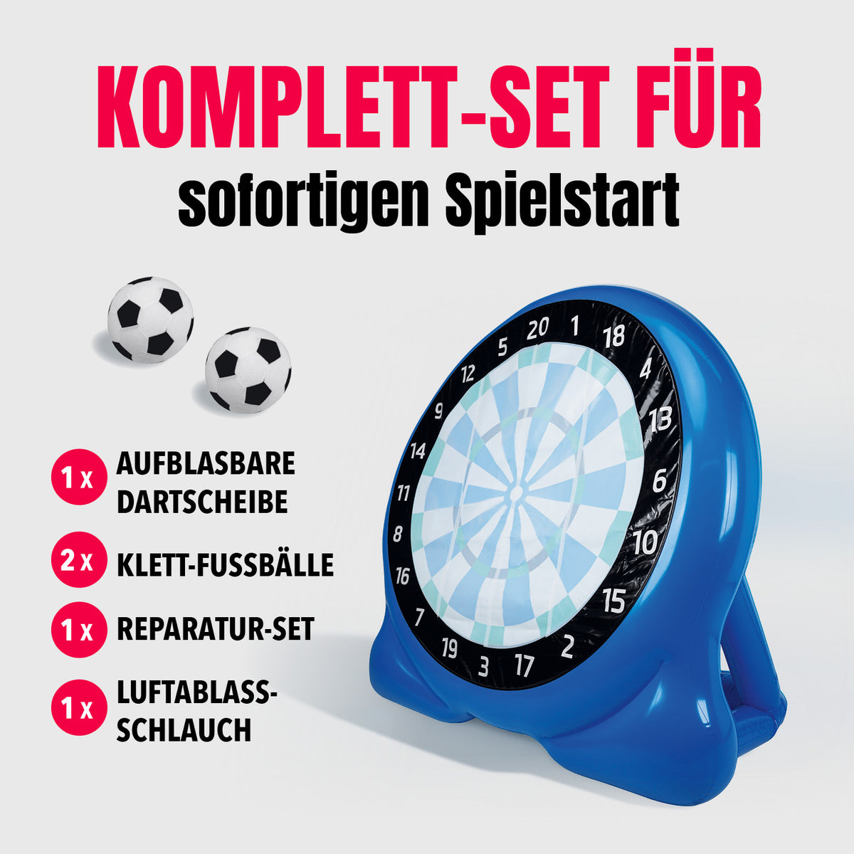 Fußball-Dart Set mit aufblasbarer blauer Dartscheibe, zwei Klett-Fußbällen, Reparaturset und Luftablassschlauch für sofortigen Spielspaß.