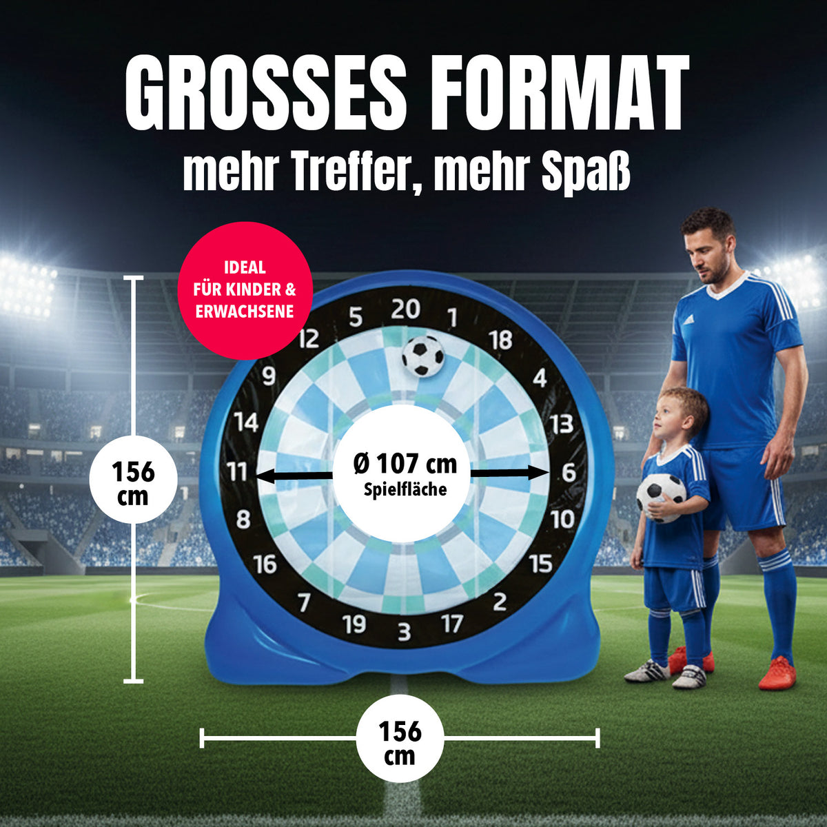 Fußball-Dart Set mit großer Dartscheibe (107 cm Ø) in blau, ideal für Kinder und Erwachsene zum gemeinsamen Torewerfen und Spielspaß.