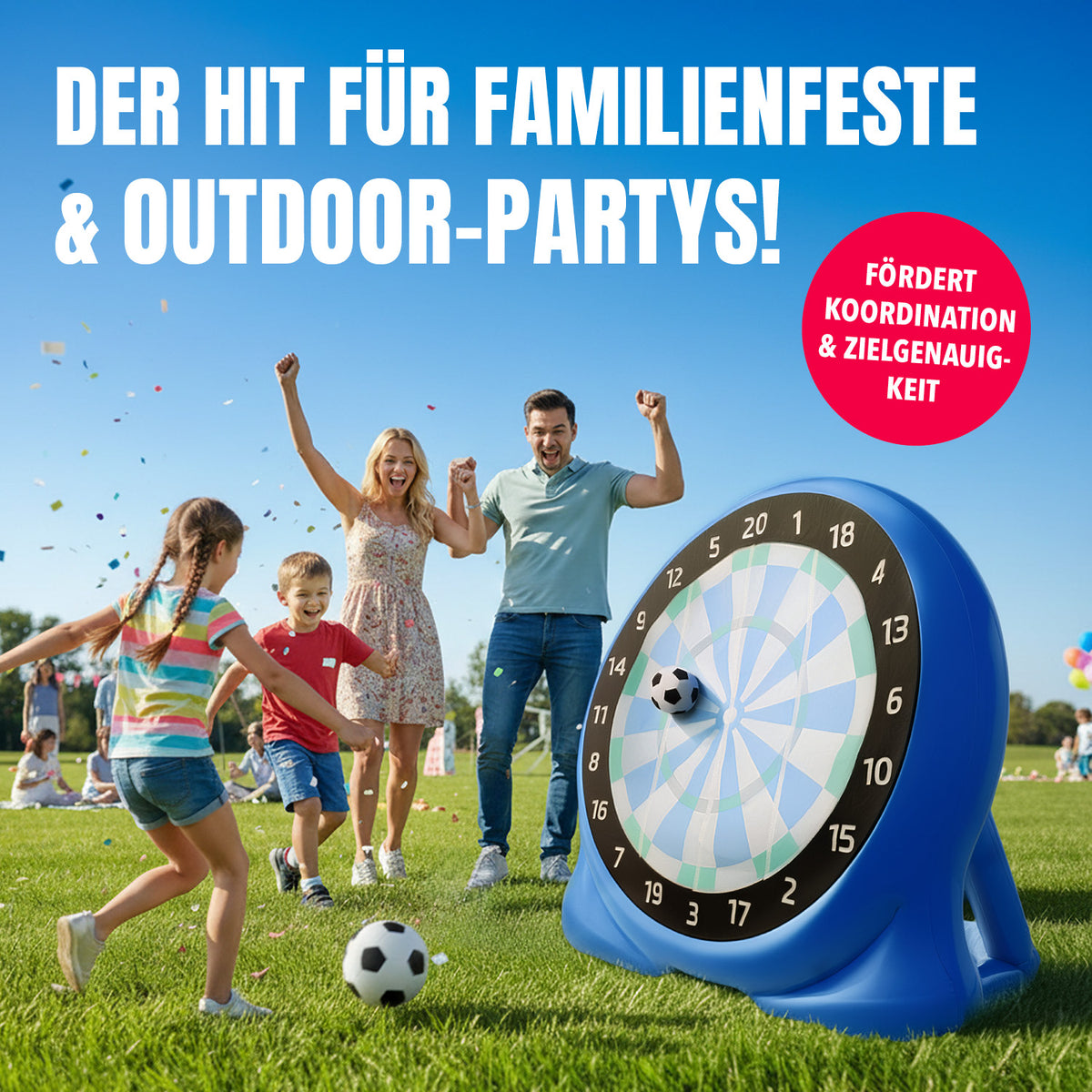Fußball-Dart Set mit großer blauer Dartscheibe auf Rasen, Kinder und Erwachsene spielen gemeinsam und fördern Koordination und Zielgenauigkeit.