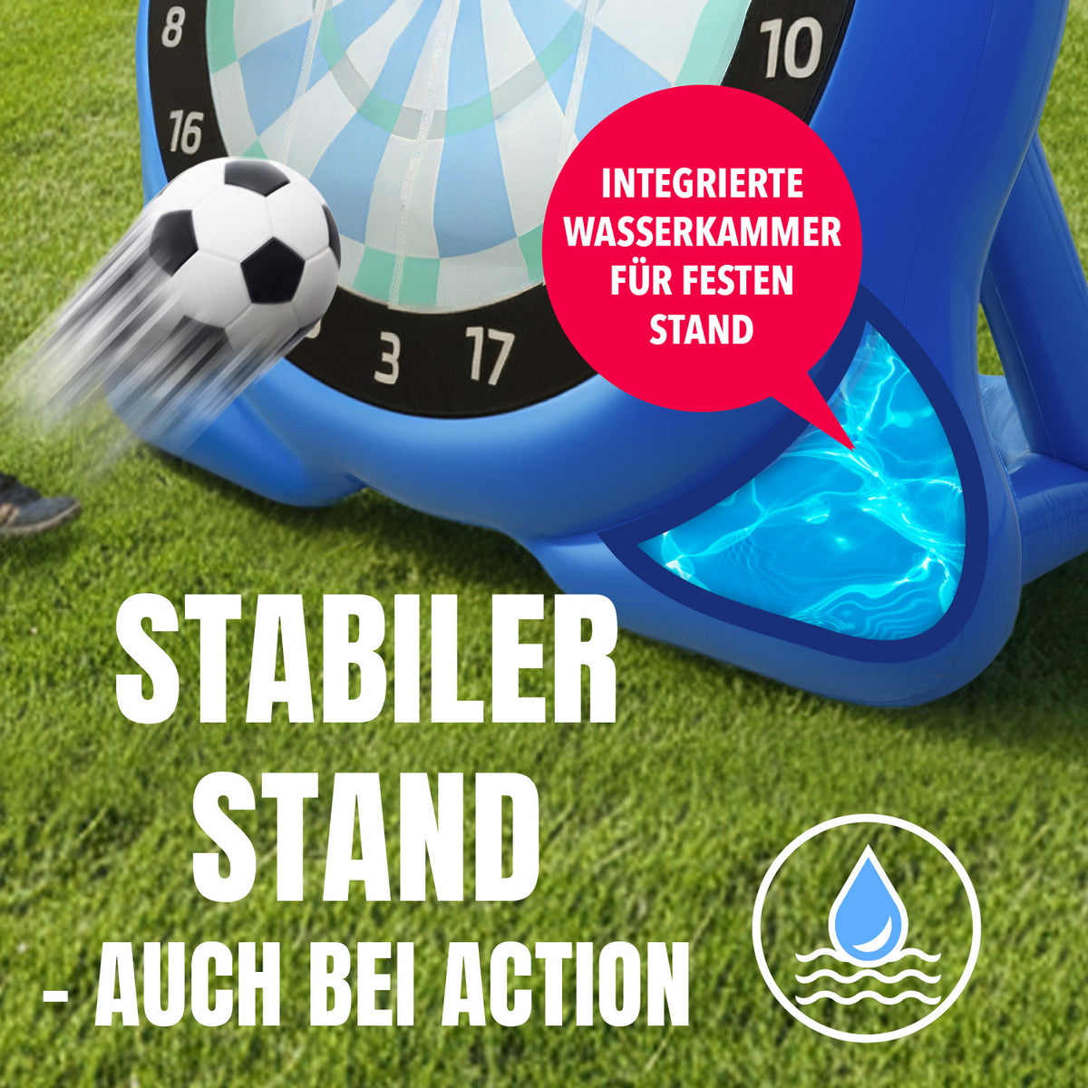 Fußball-Dart Set mit integriertem Wasserbehälter für sicheren, stabilen Stand bei Wurfspiel und Bewegung im Freien.