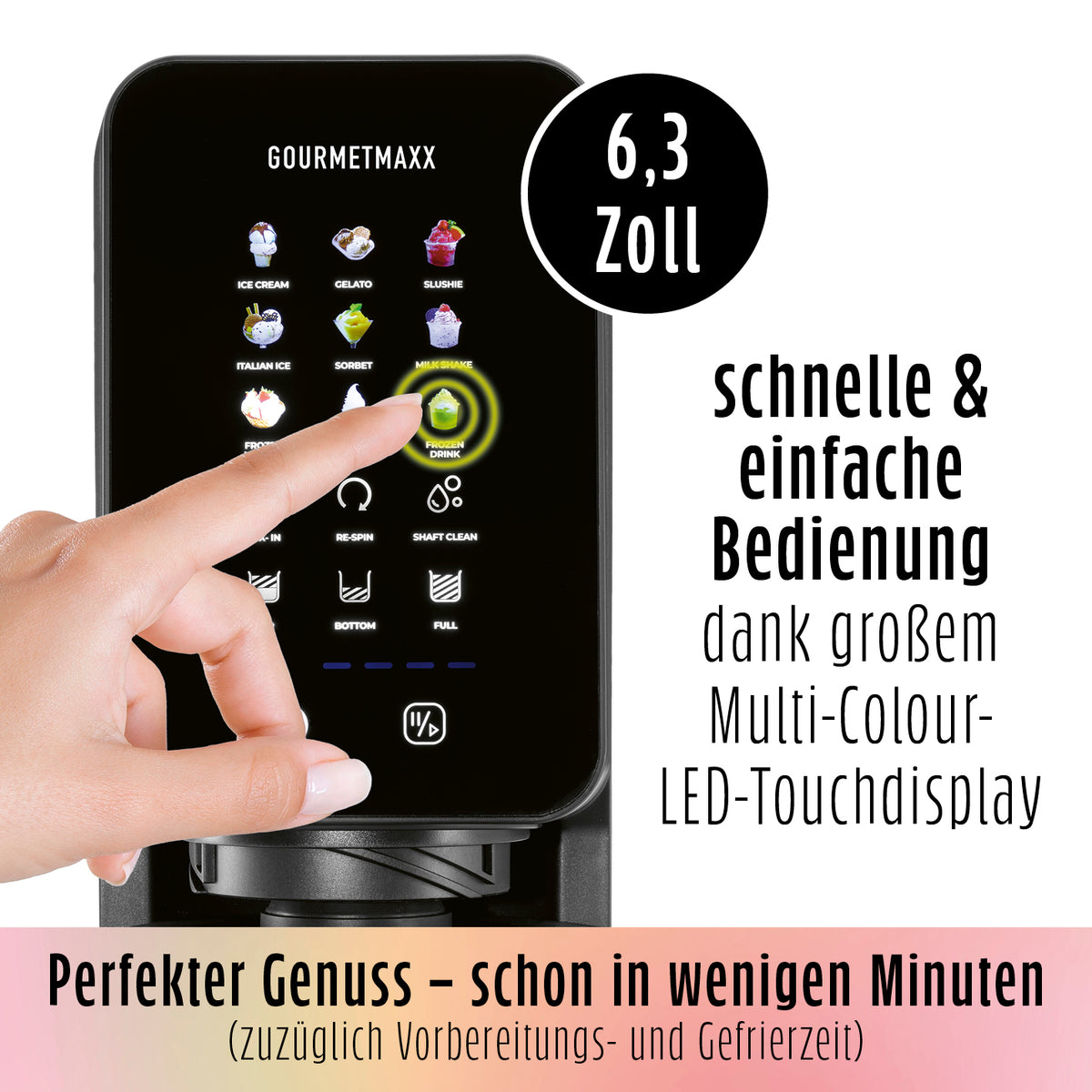 Eismaschine SmoothUp Touch mit 6,3 Zoll Farb-Touchdisplay für schnelle, einfache Bedienung und vielfältige Eisprogramme.