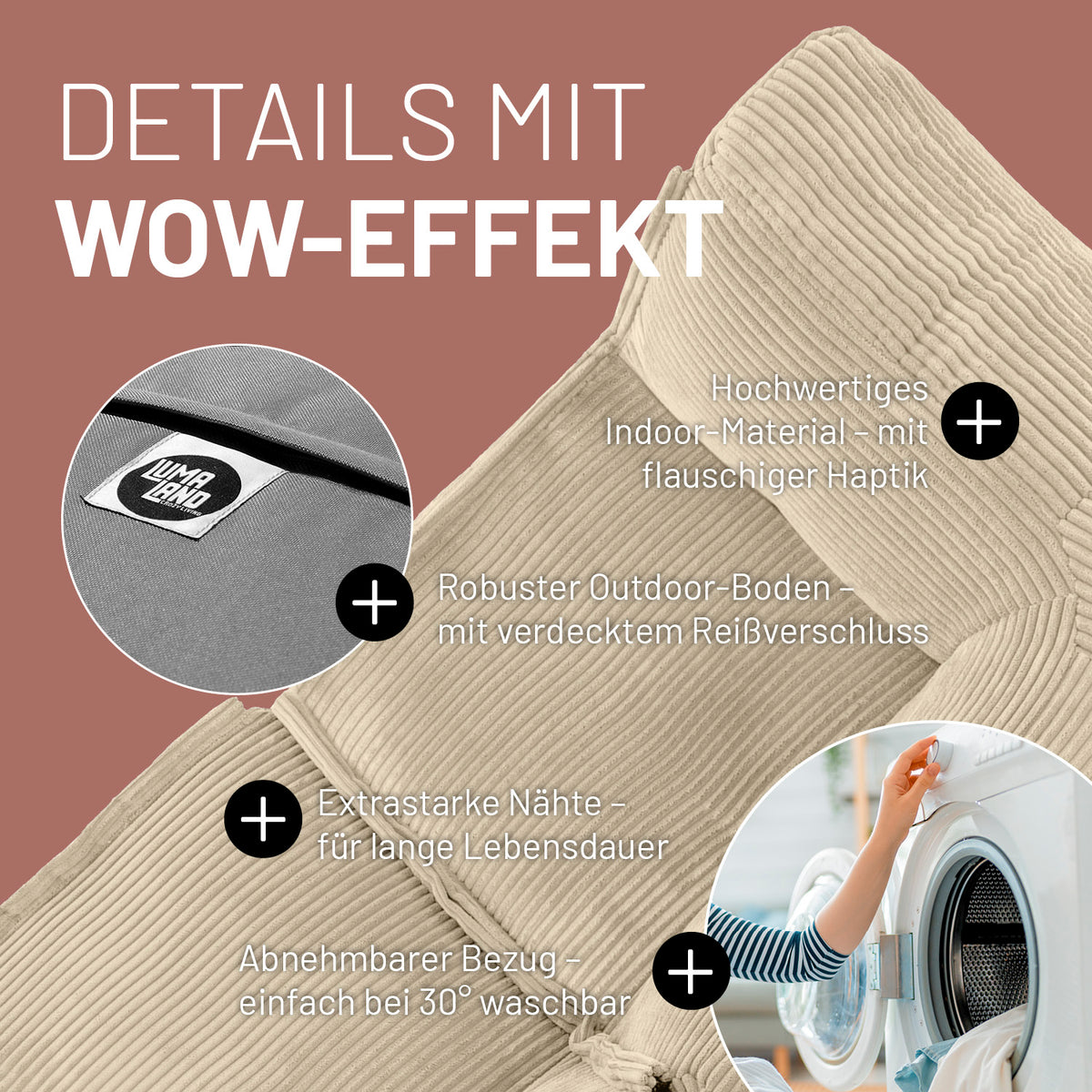 Modulares Eckteil links aus der LUMALAND Cord-Reihe - 340 L - 81 x 81 x 70 cm - Beige mit robustem Material und abnehmbarem Waschbezug