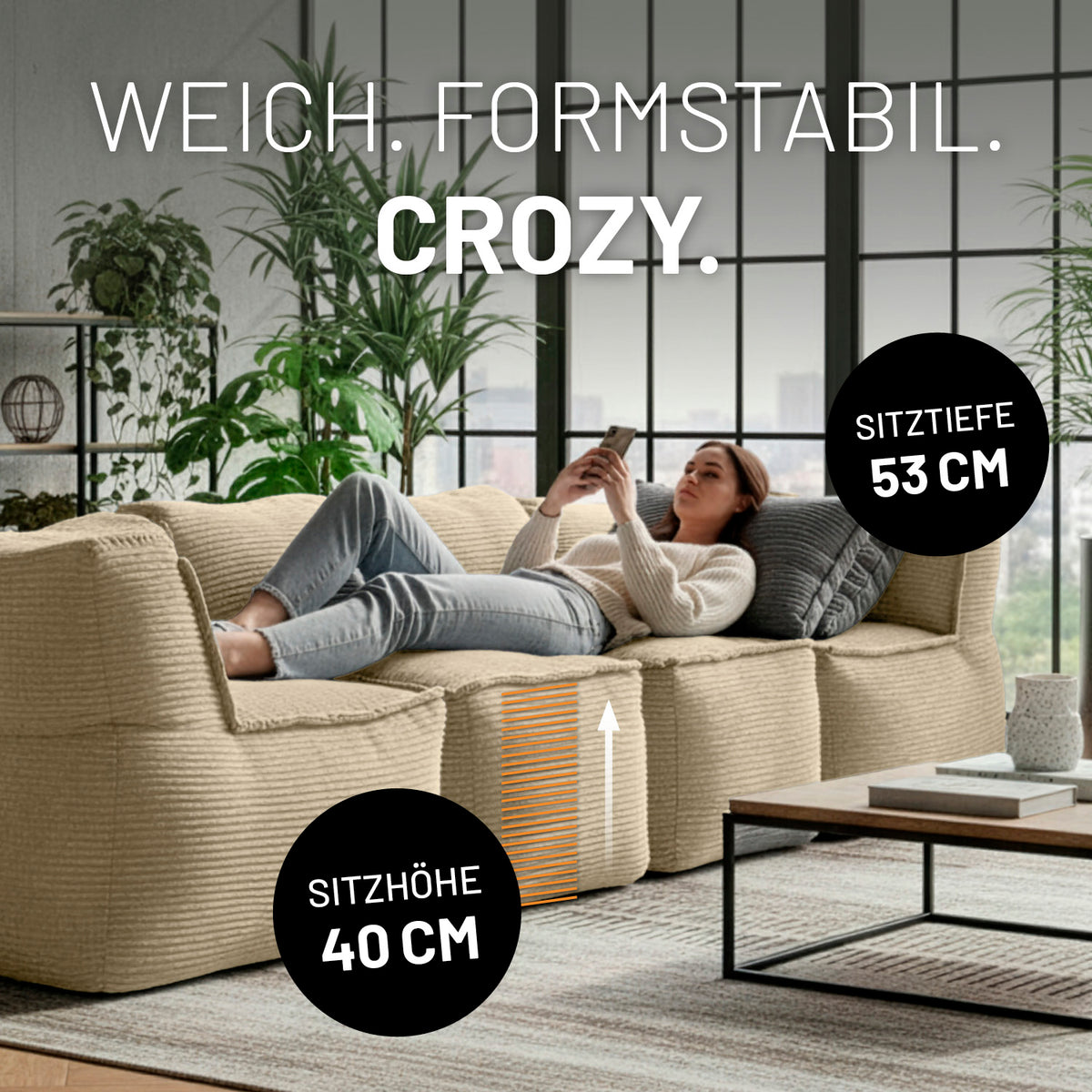 Modulare Mitte aus der LUMALAND Cord-Reihe beige 200 L Sitzsack 81 x 54 x 70 cm mit 40 cm Sitzhöhe und 53 cm Sitztiefe
