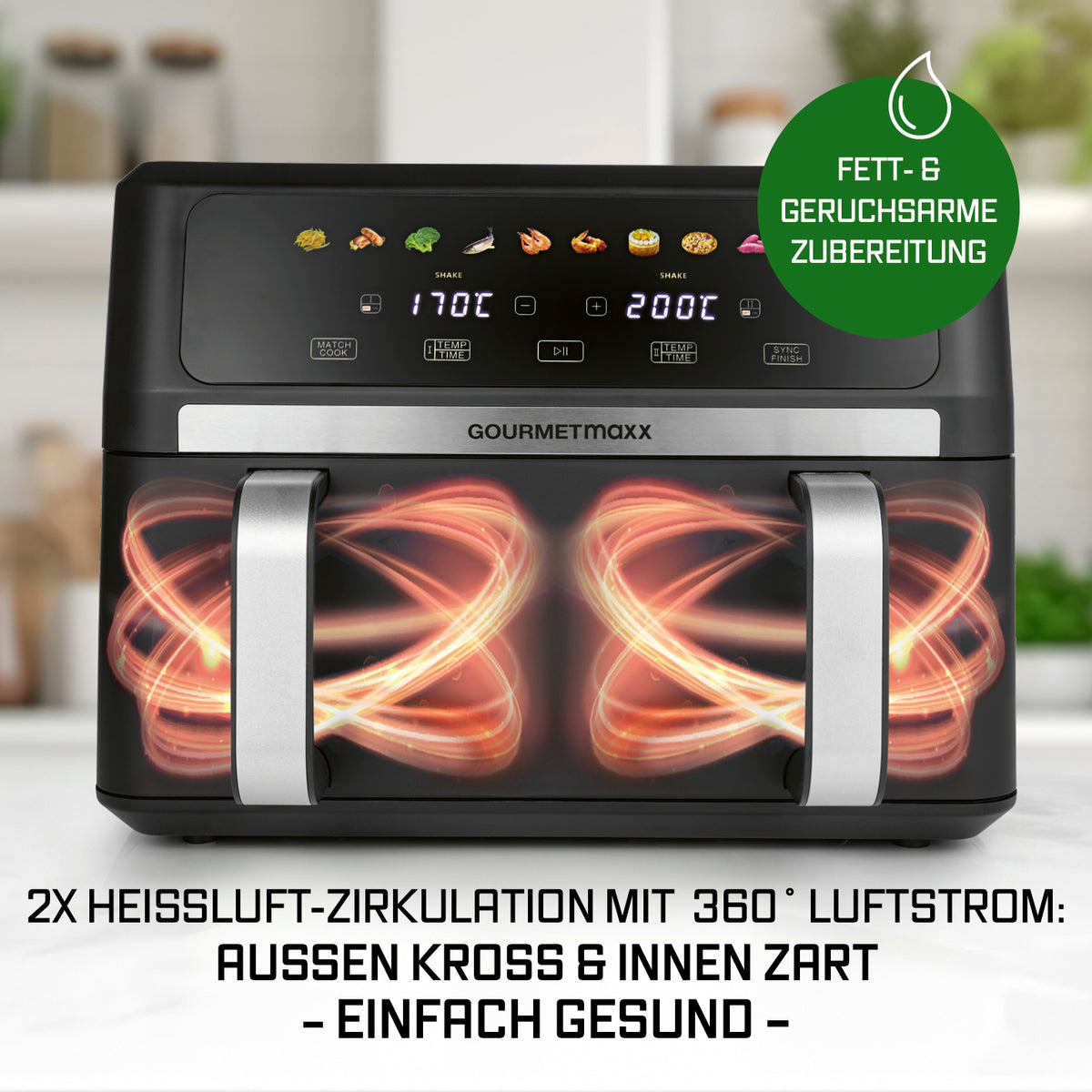 AirGenius Vario-Kammer-Heißluftfritteuse - 10 Liter (2 x 5 Liter) mit 360° Heißluft-Zirkulation für gesundes und fettarmes Garen.