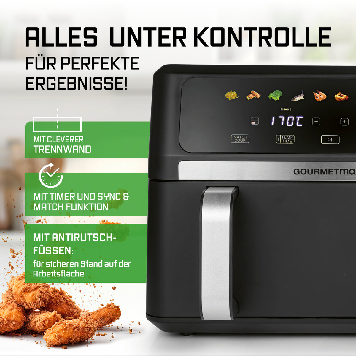 AirGenius Vario-Kammer-Heißluftfritteuse - 10 Liter (2 x 5 Liter) mit Trennwand, Timer, Sync & Match und rutschfesten Füßen